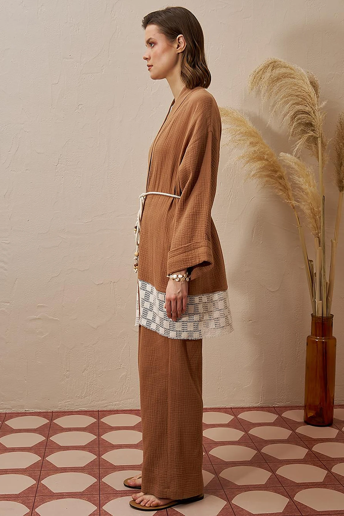 Tie Detail Muslin Kimono Tobacco
