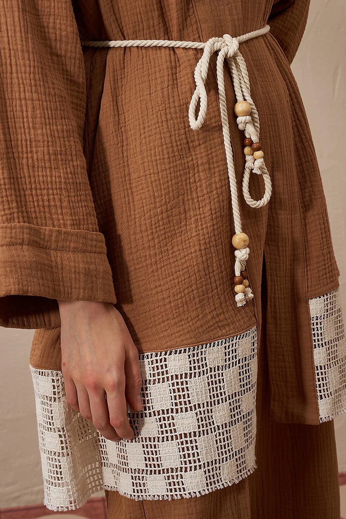 Tie Detail Muslin Kimono Tobacco