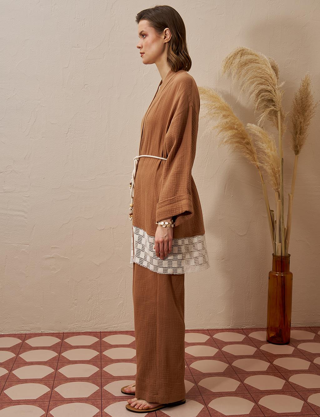 Bağcık Detaylı Müslin Kimono Tütün