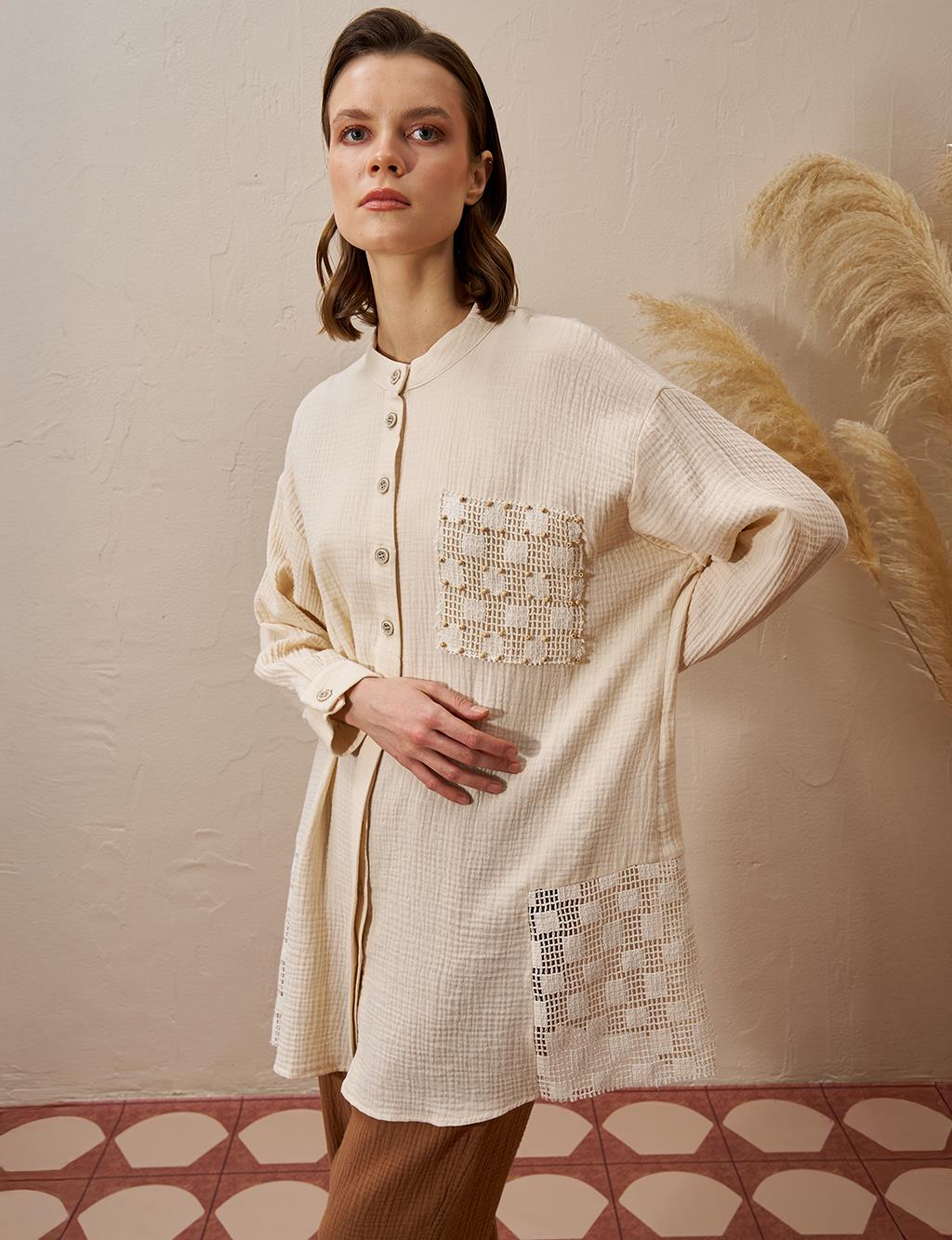 Mesh Detailed Muslin Tunic Cream