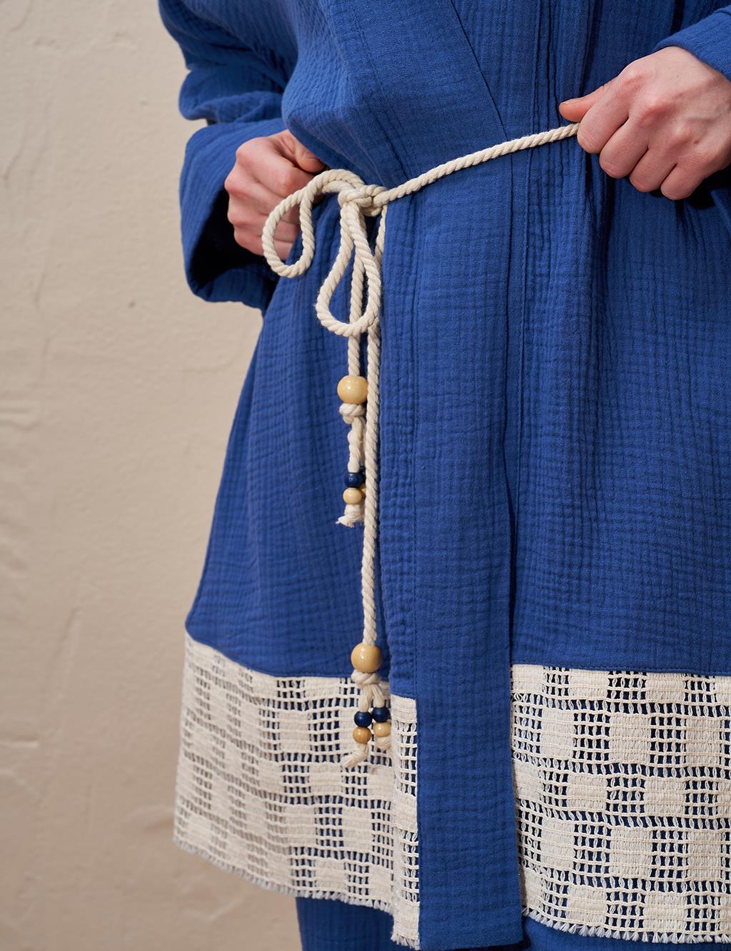 Bağcık Detaylı Müslin Kimono İndigo 