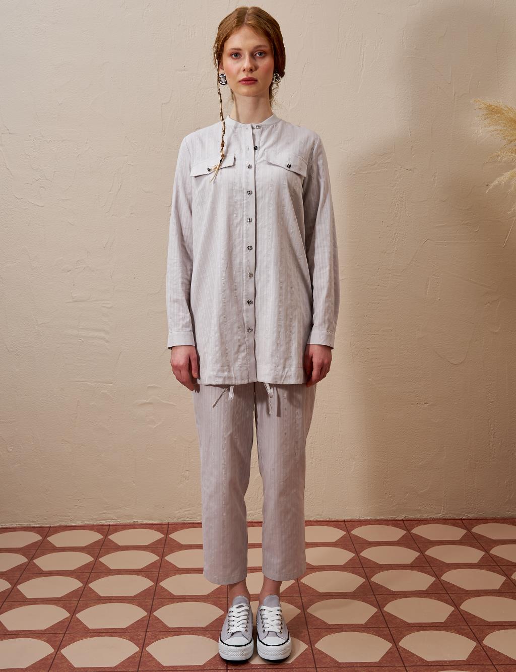 Cotton Double-Bow Pocketed Two-Piece Suit Light Gray