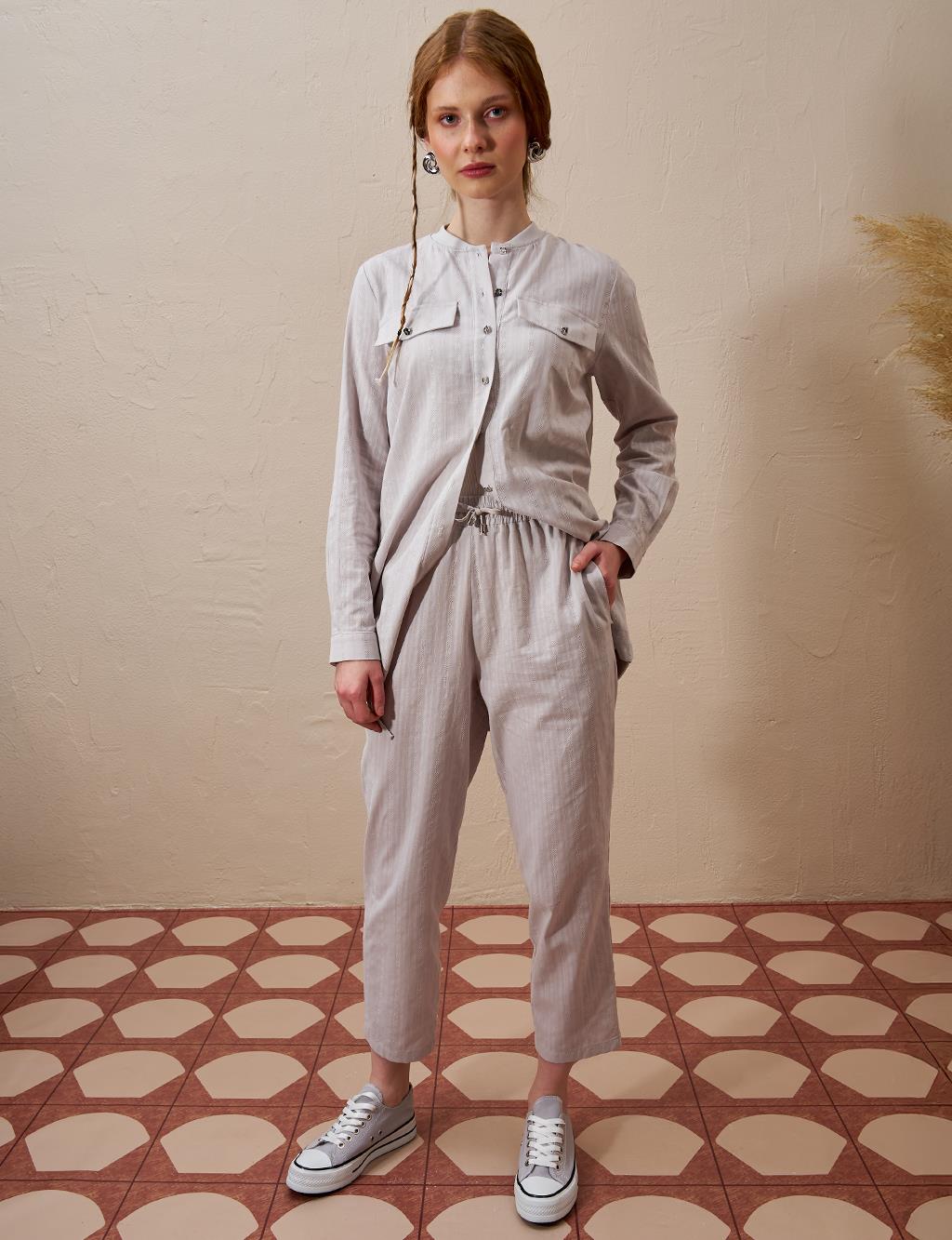 Cotton Double-Bow Pocketed Two-Piece Suit Light Gray