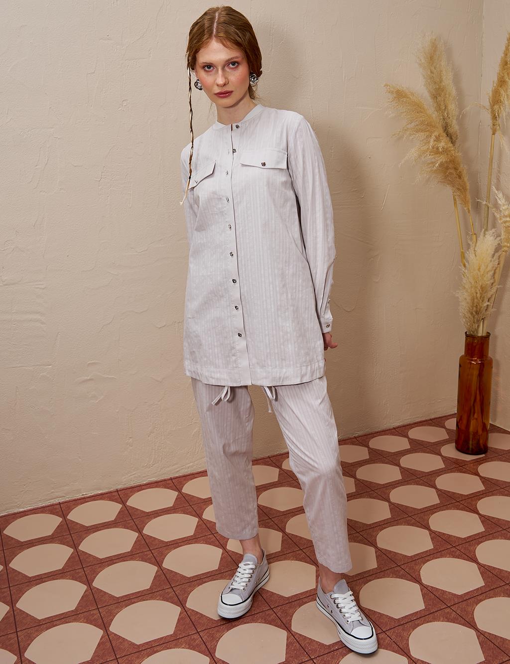 Cotton Double-Bow Pocketed Two-Piece Suit Light Gray