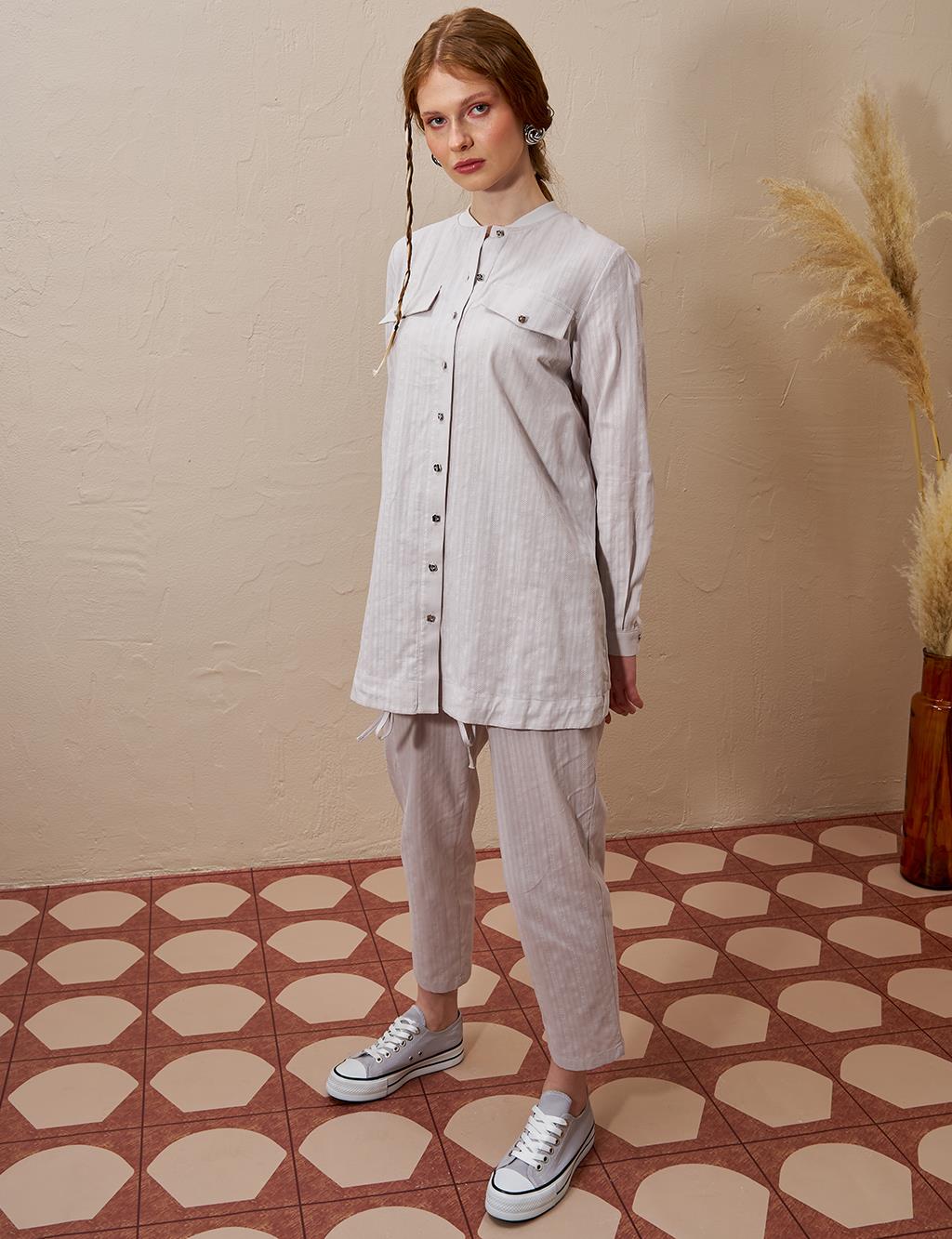 Cotton Double-Bow Pocketed Two-Piece Suit Light Gray