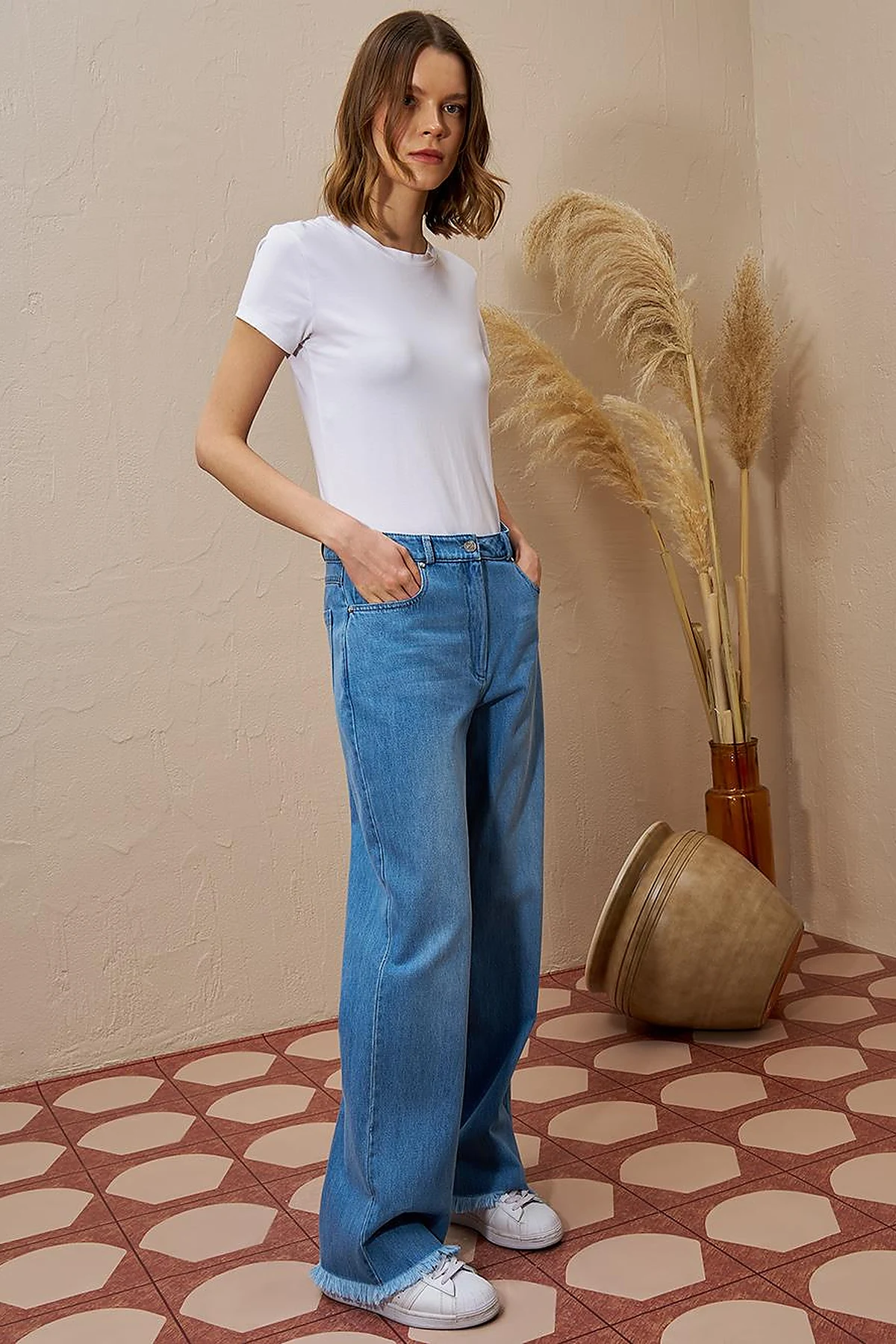 Wide-Leg Denim Pants Blue