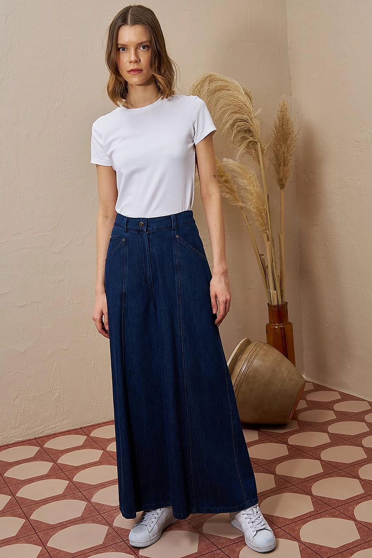 Stitch Detailed Denim Skirt Navy Blue