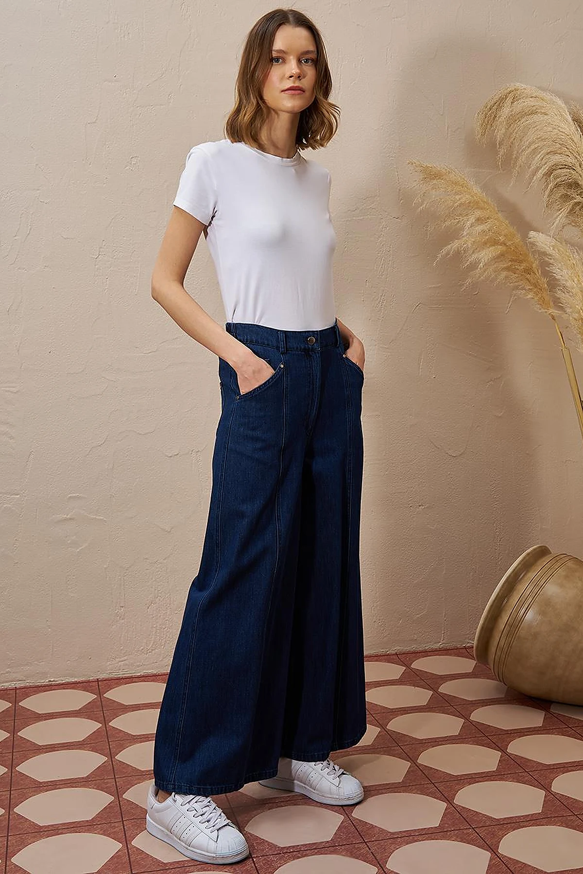 Stitch Detailed Denim Skirt Navy Blue