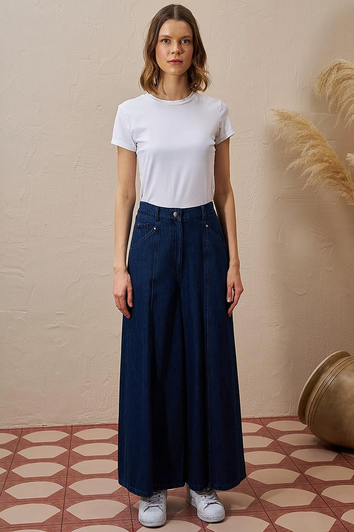 Stitch Detailed Denim Skirt Navy Blue