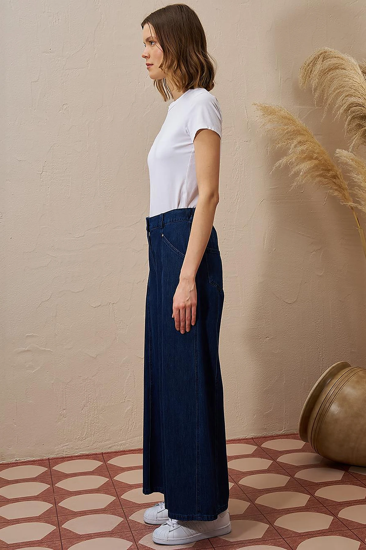 Stitch Detailed Denim Skirt Navy Blue