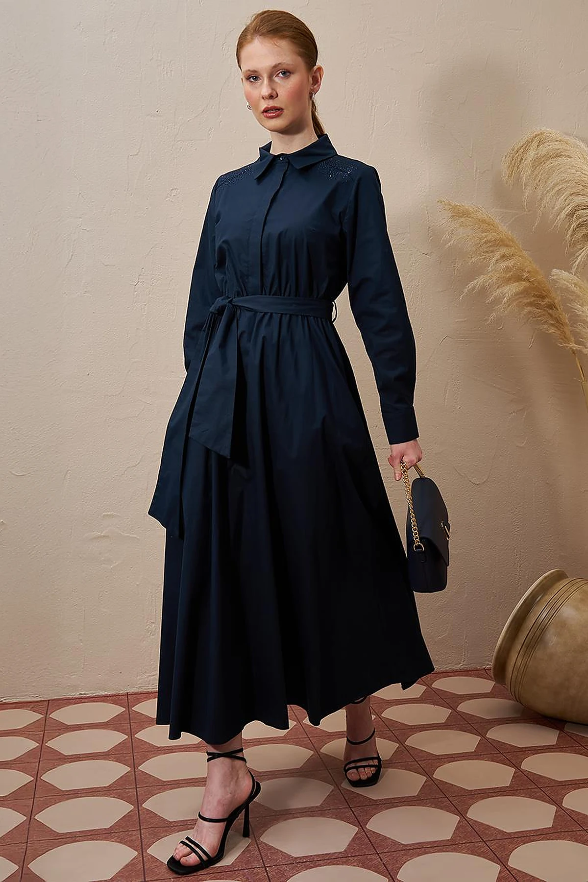 Belted Cotton Dress Dark Navy