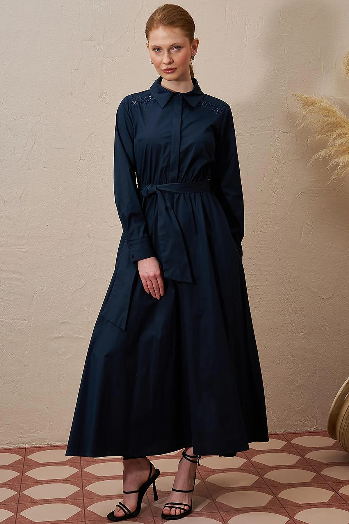 Belted Cotton Dress Dark Navy