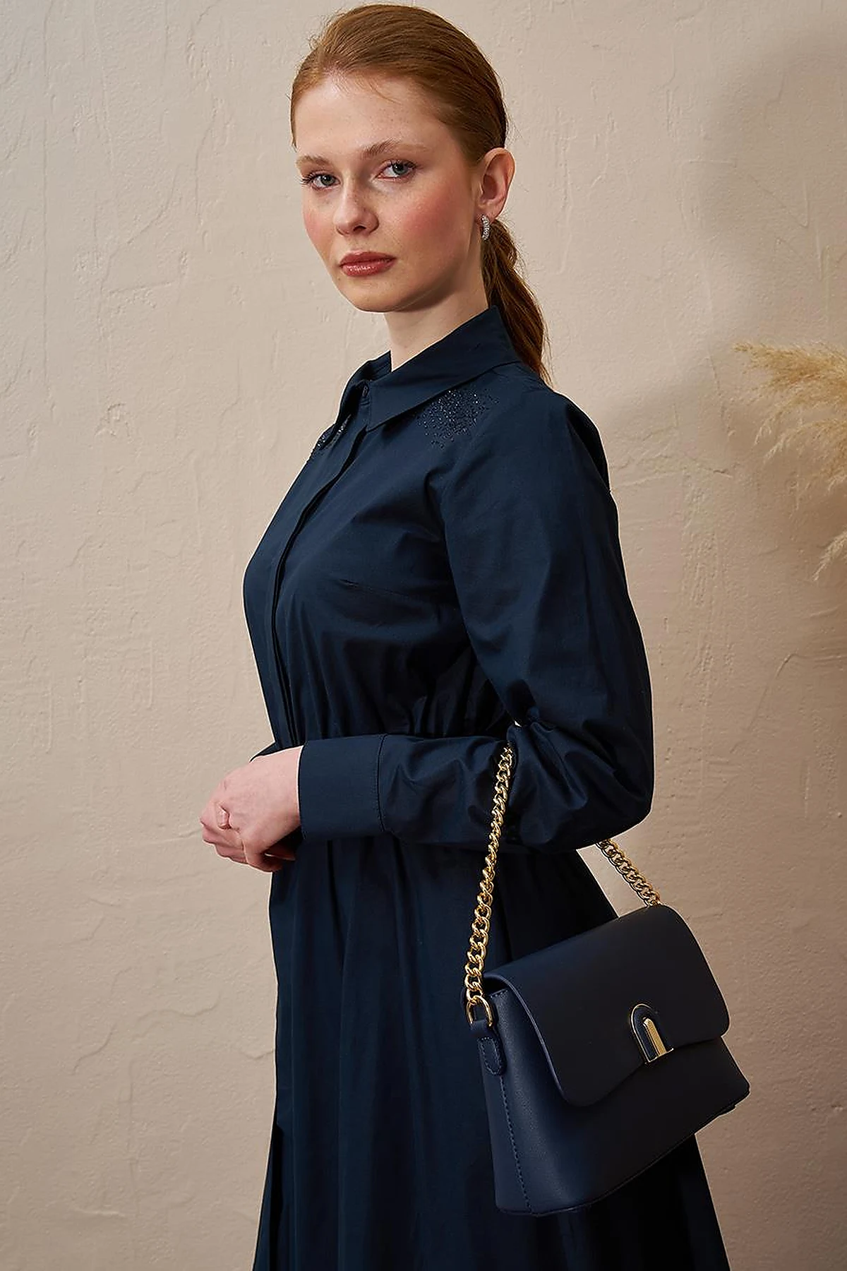 Belted Cotton Dress Dark Navy