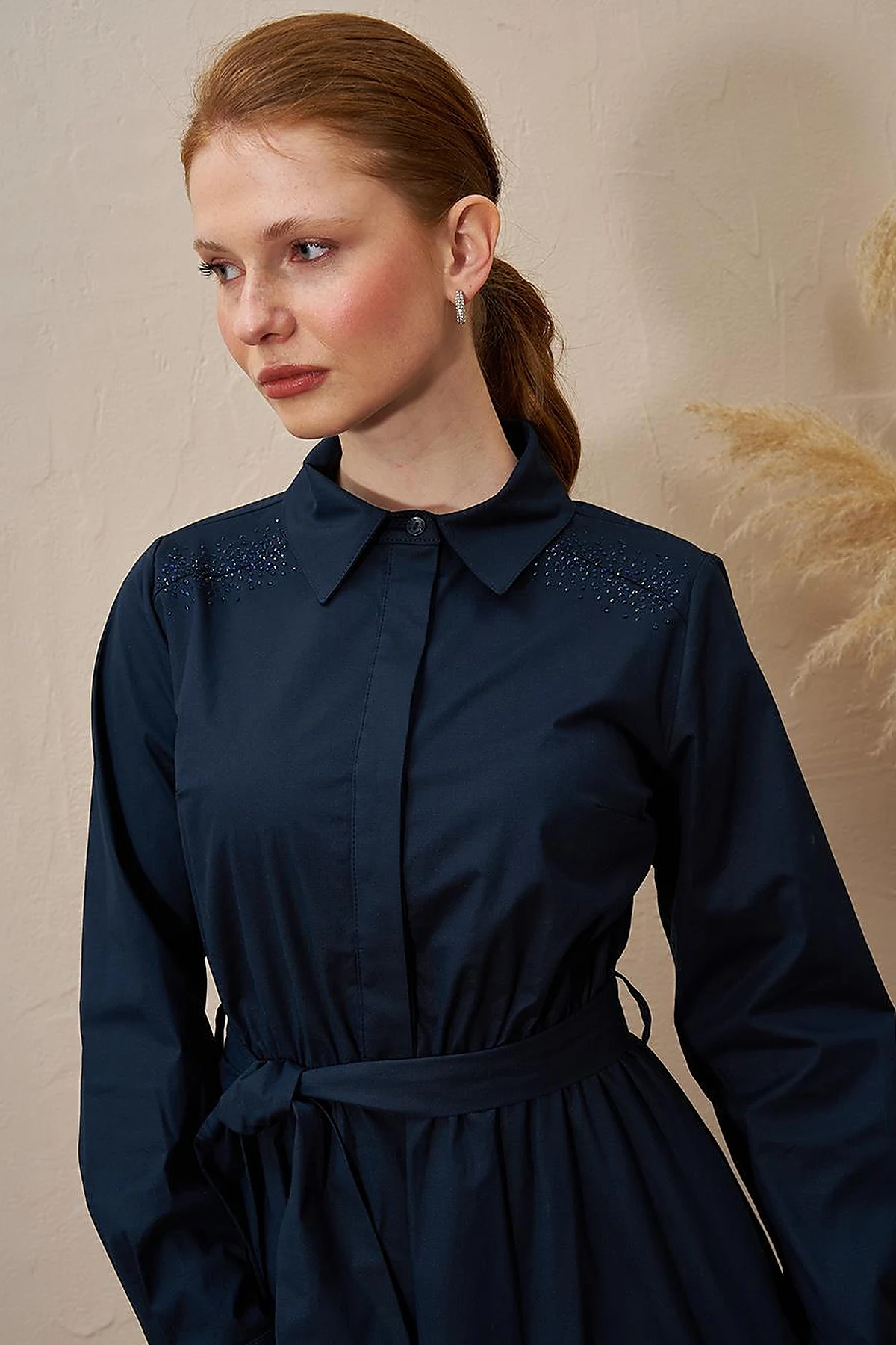 Belted Cotton Dress Dark Navy