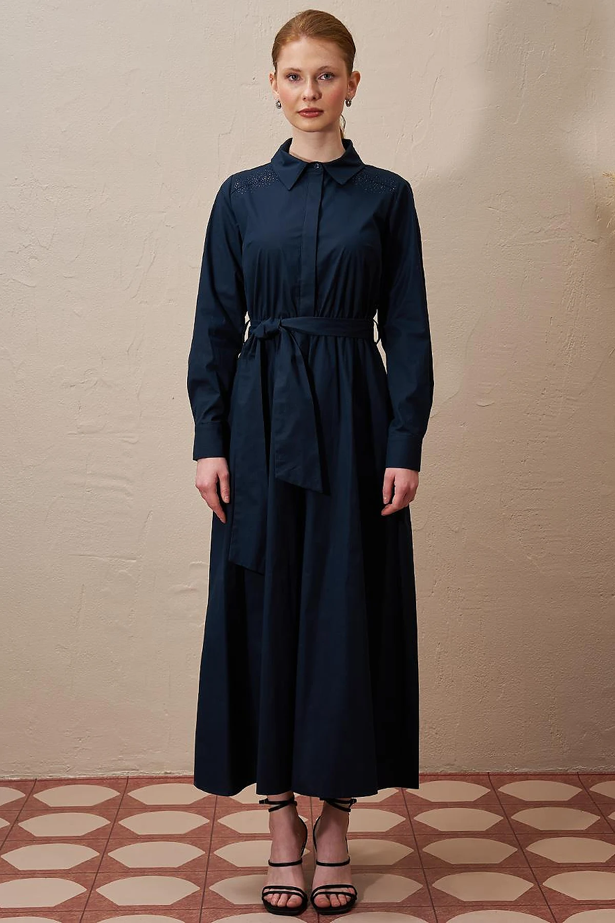 Belted Cotton Dress Dark Navy
