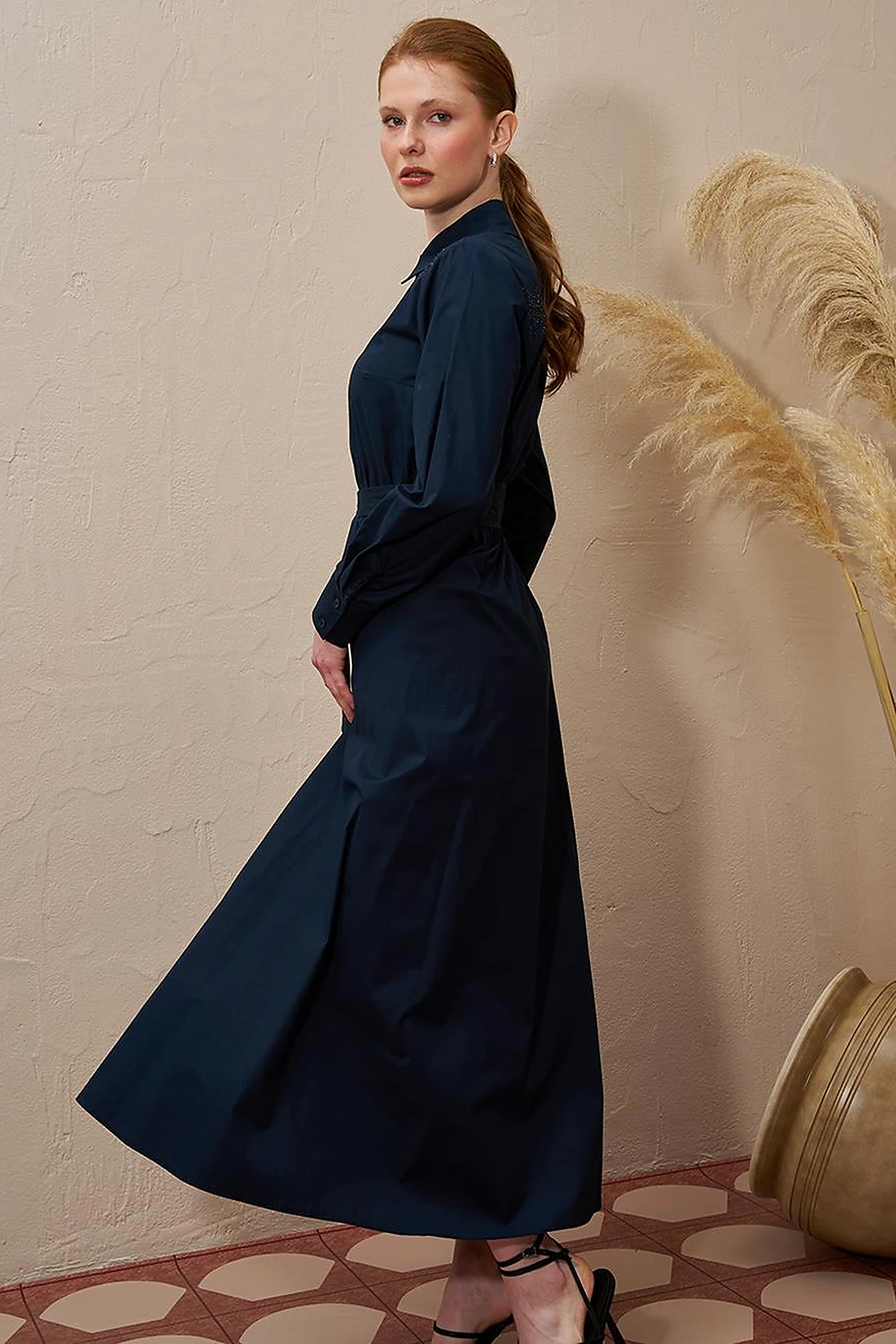 Belted Cotton Dress Dark Navy