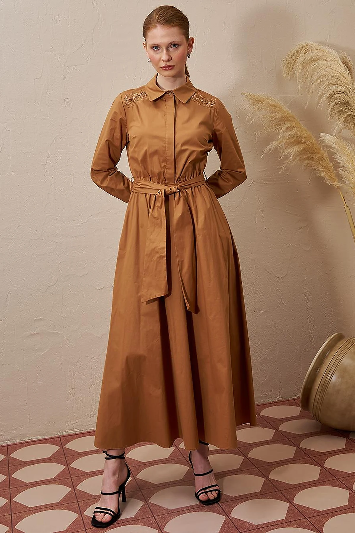 Belted Cotton Dress Tobacco