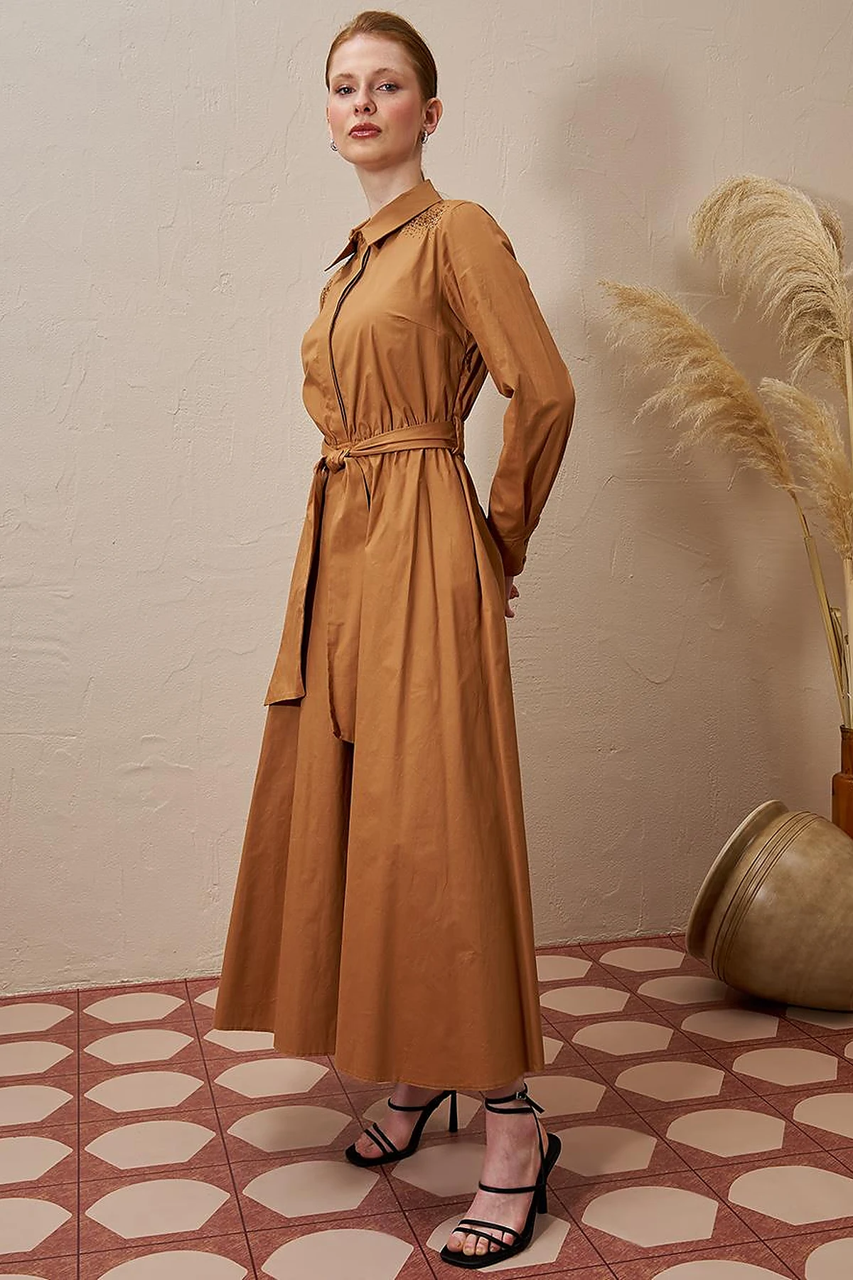 Belted Cotton Dress Tobacco
