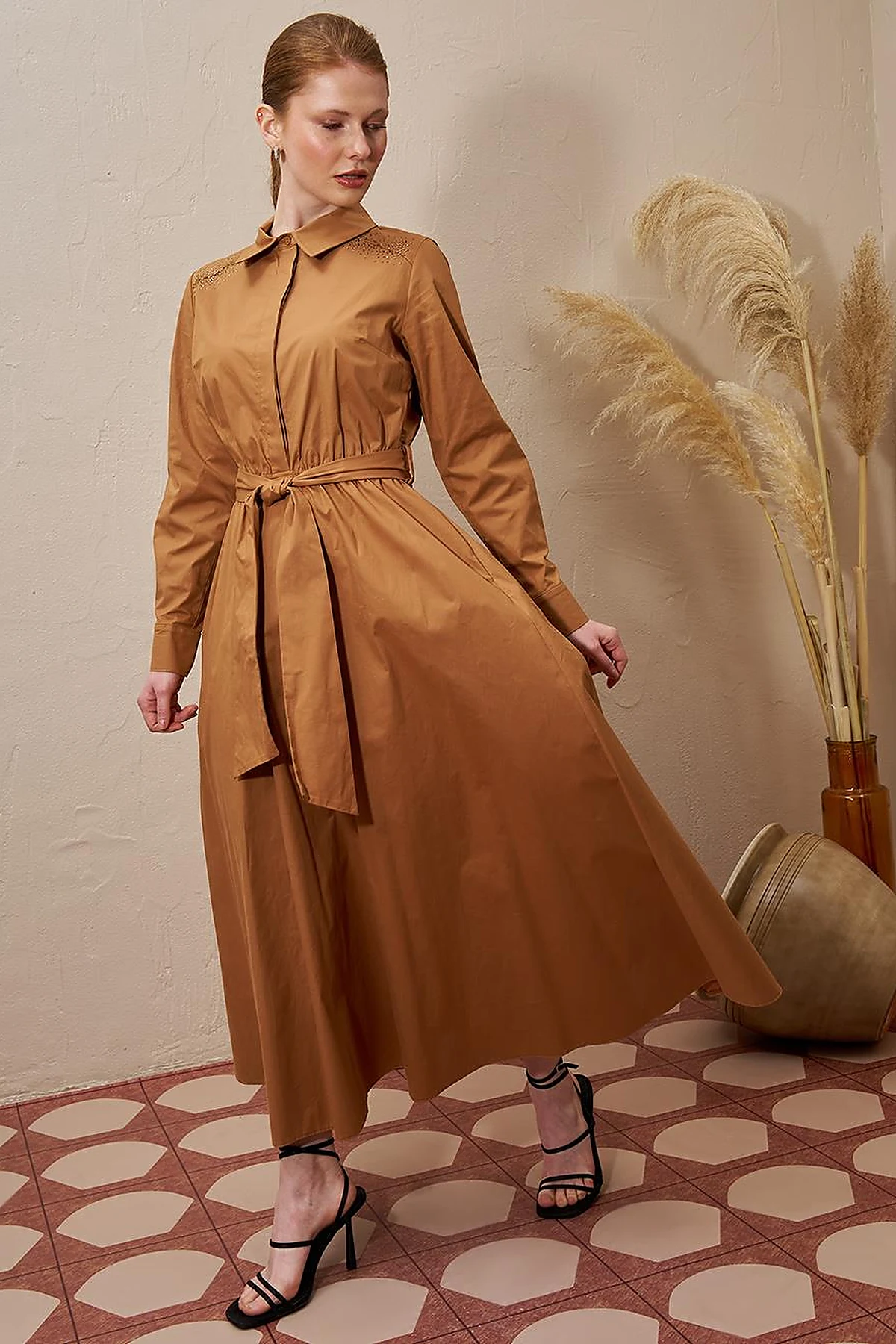 Belted Cotton Dress Tobacco