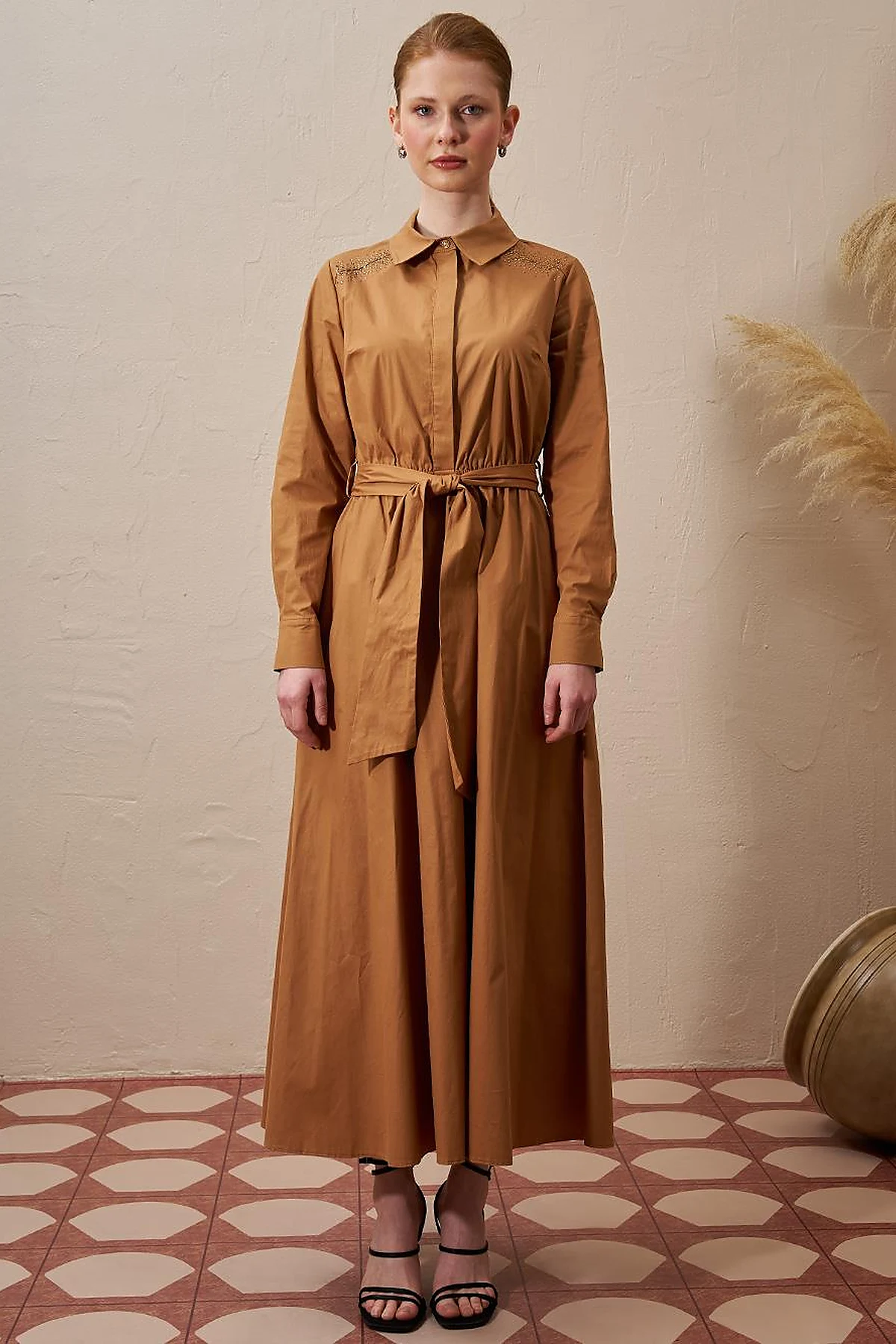 Belted Cotton Dress Tobacco