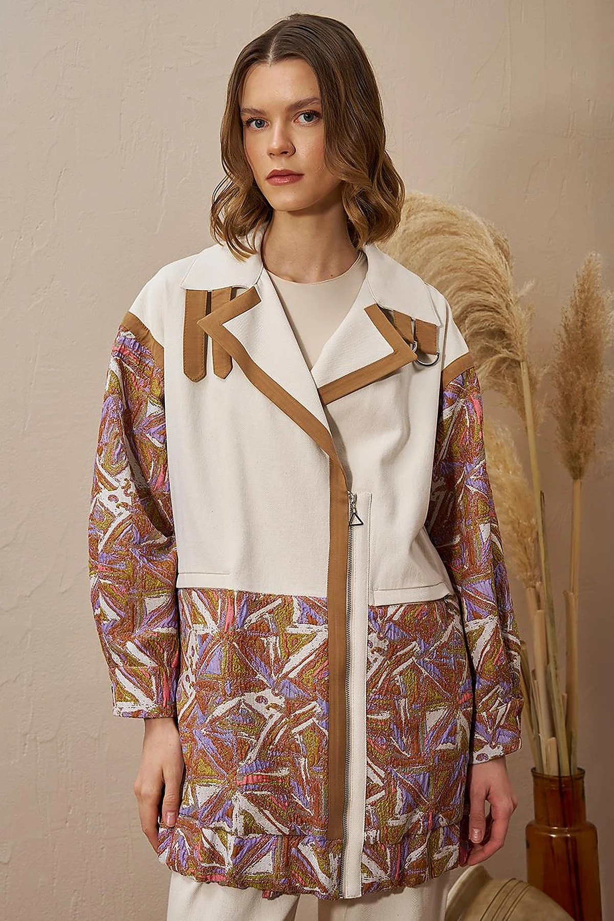  Jacquard Trimmed Denim Jacket Cream
