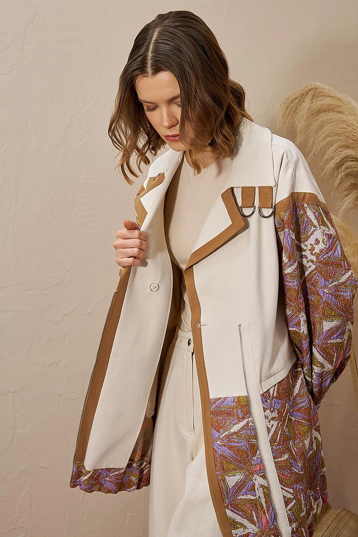  Jacquard Trimmed Denim Jacket Cream