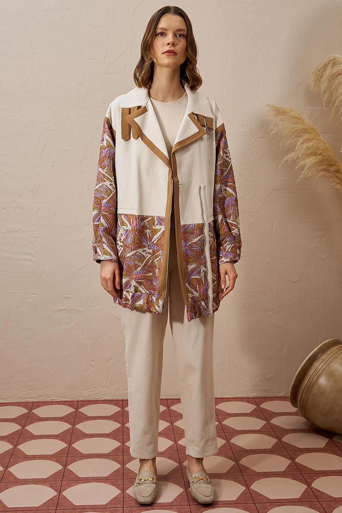  Jacquard Trimmed Denim Jacket Cream