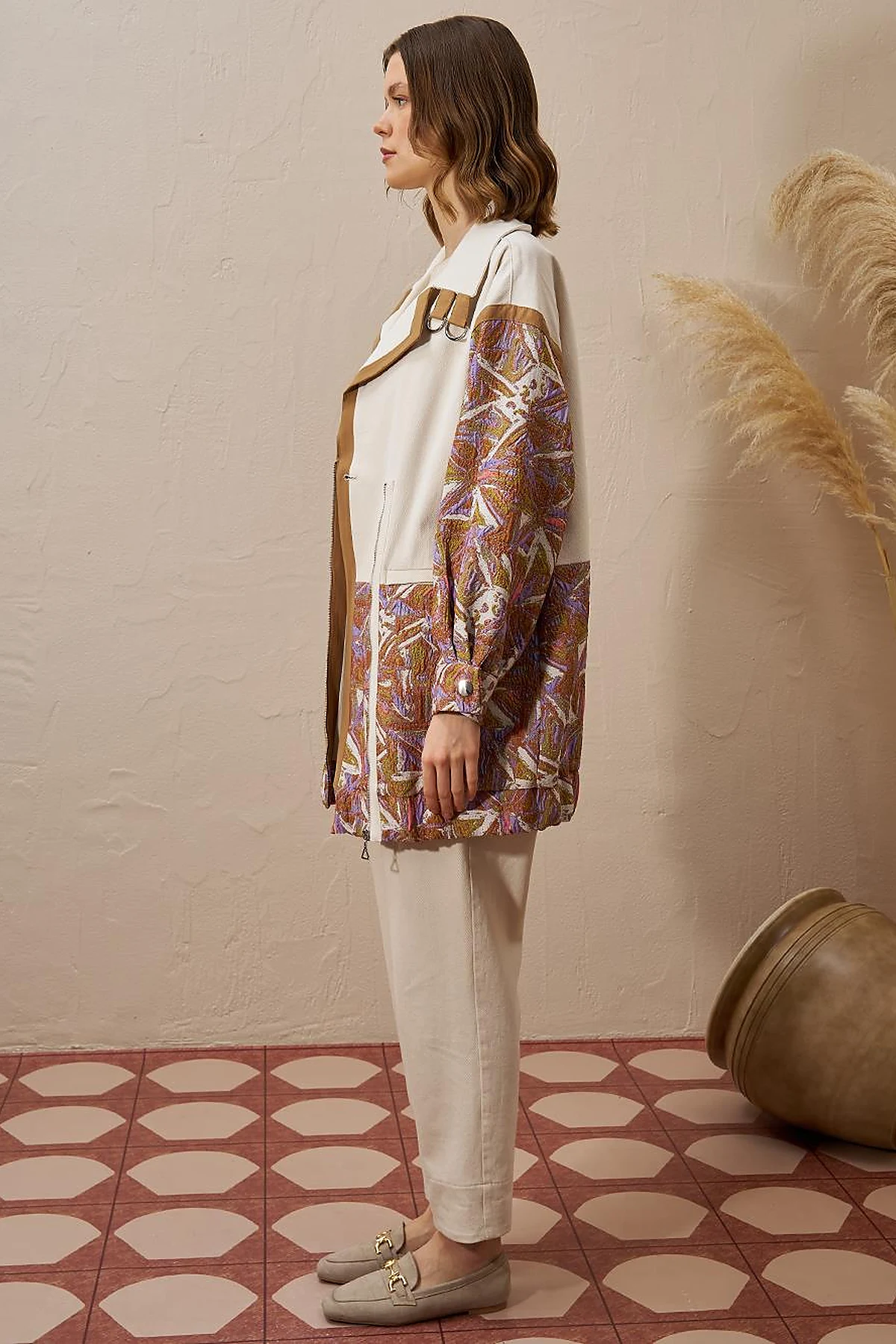  Jacquard Trimmed Denim Jacket Cream