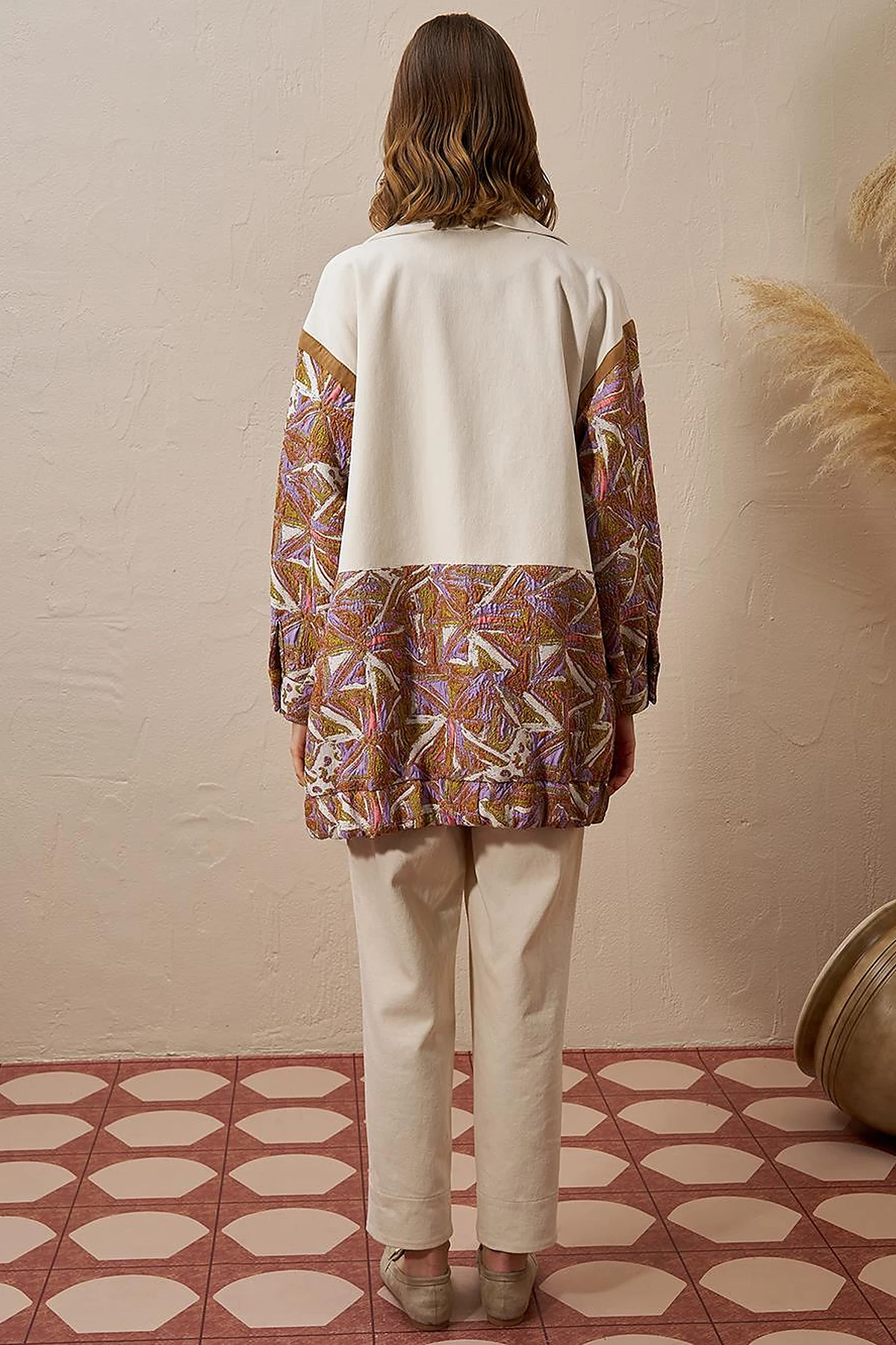  Jacquard Trimmed Denim Jacket Cream