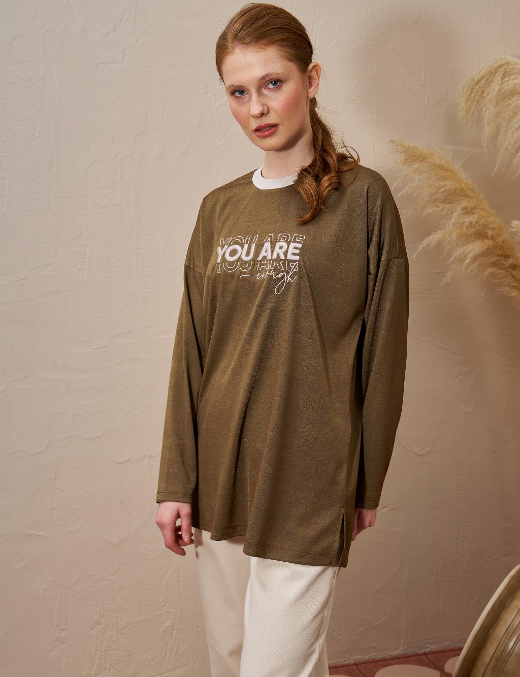 Slogan Detailed Knitted Sweatshirt Green