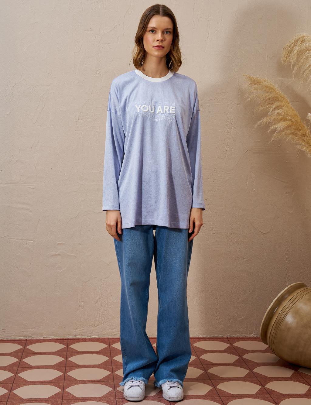 Slogan Detaylı Örme Sweatshirt Mavi