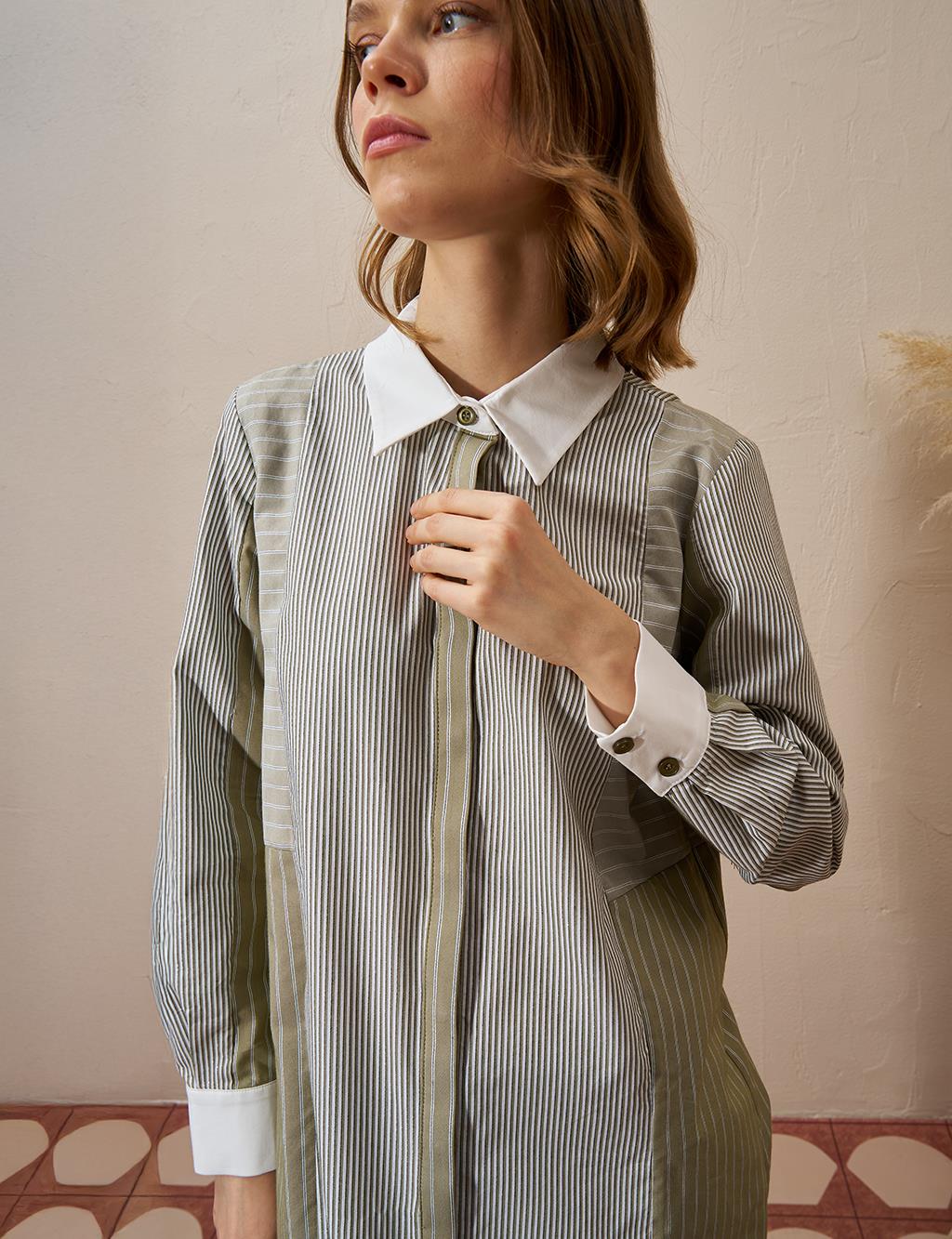 Striped Pattern Shirt Collar Tunic in Khaki