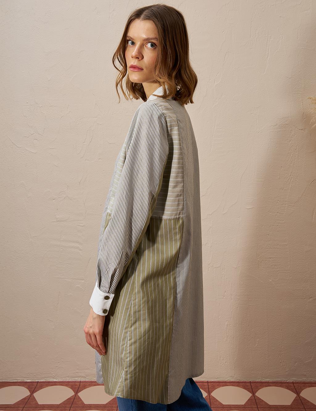 Striped Pattern Shirt Collar Tunic in Khaki