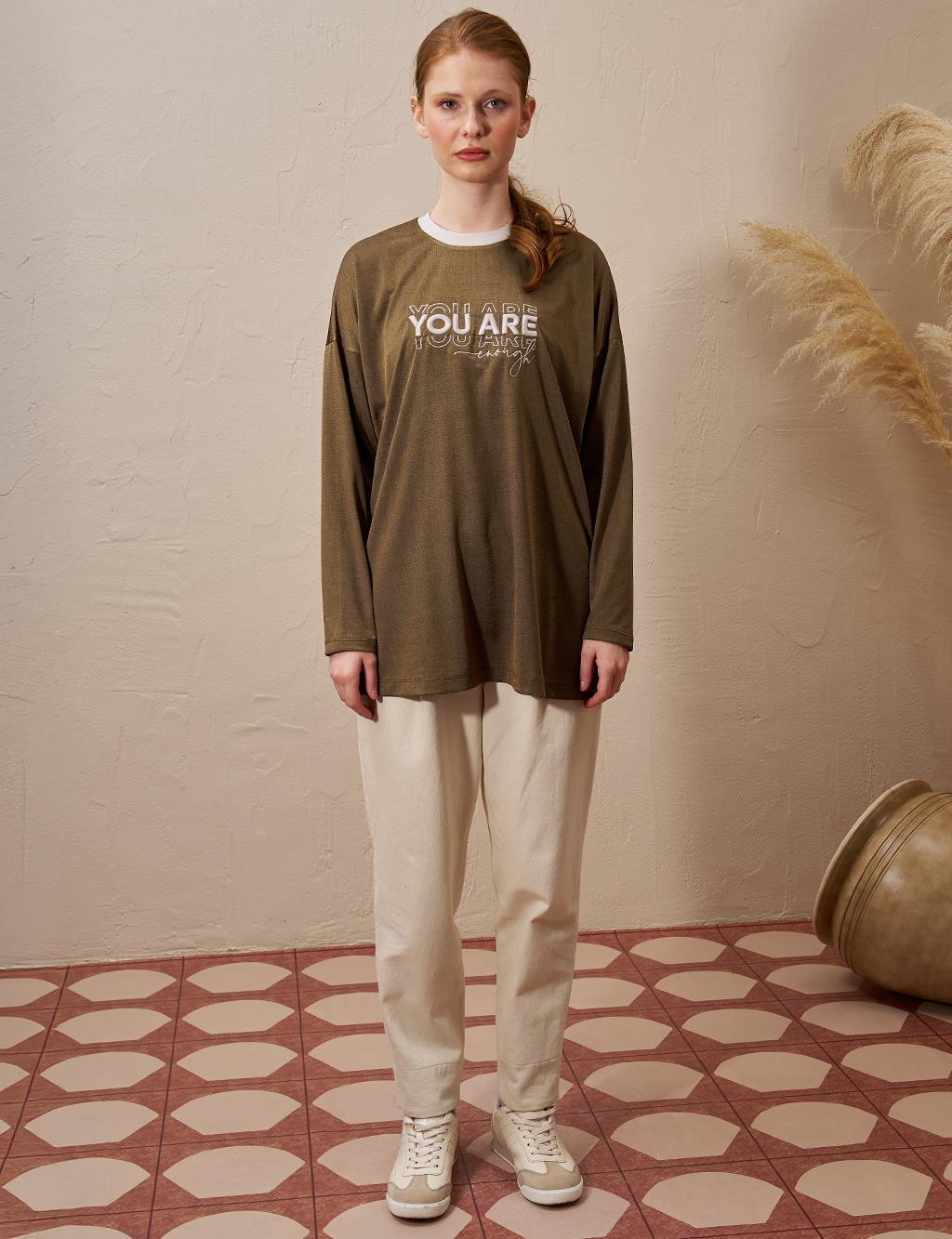 Slogan Detailed Knitted Sweatshirt Green