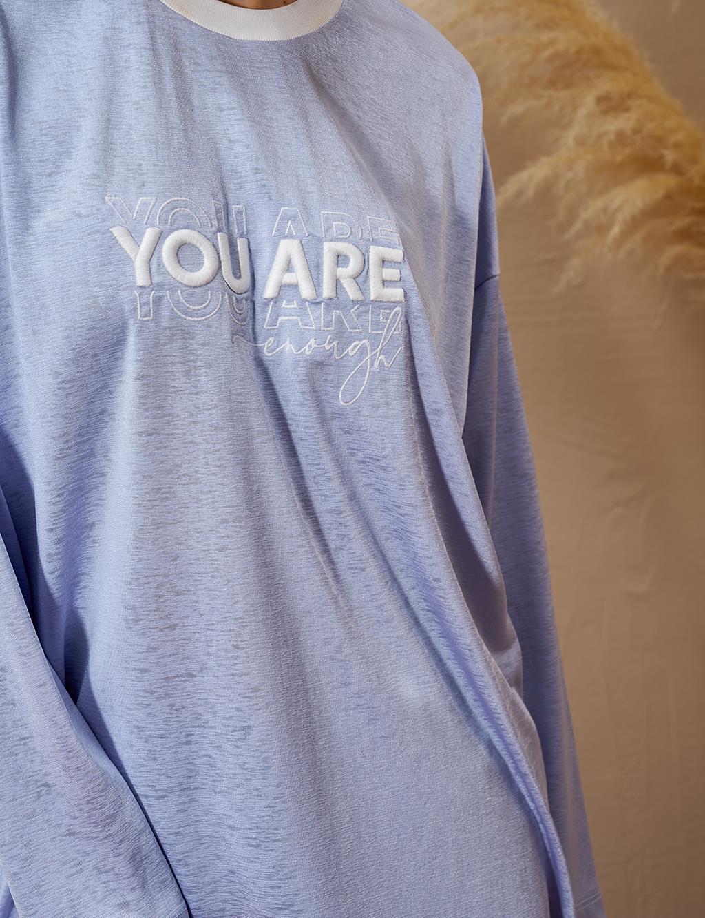 Slogan Detaylı Örme Sweatshirt Mavi