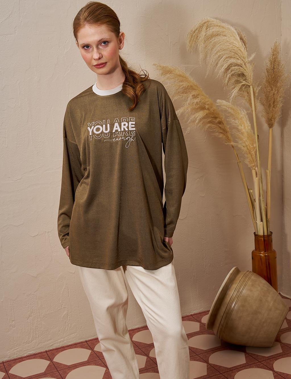 Slogan Detailed Knitted Sweatshirt Green
