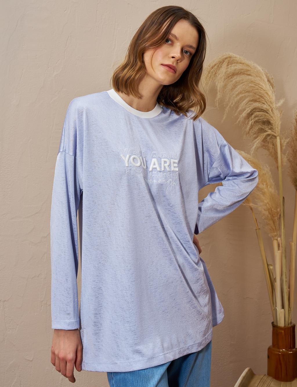 Slogan Detaylı Örme Sweatshirt Mavi