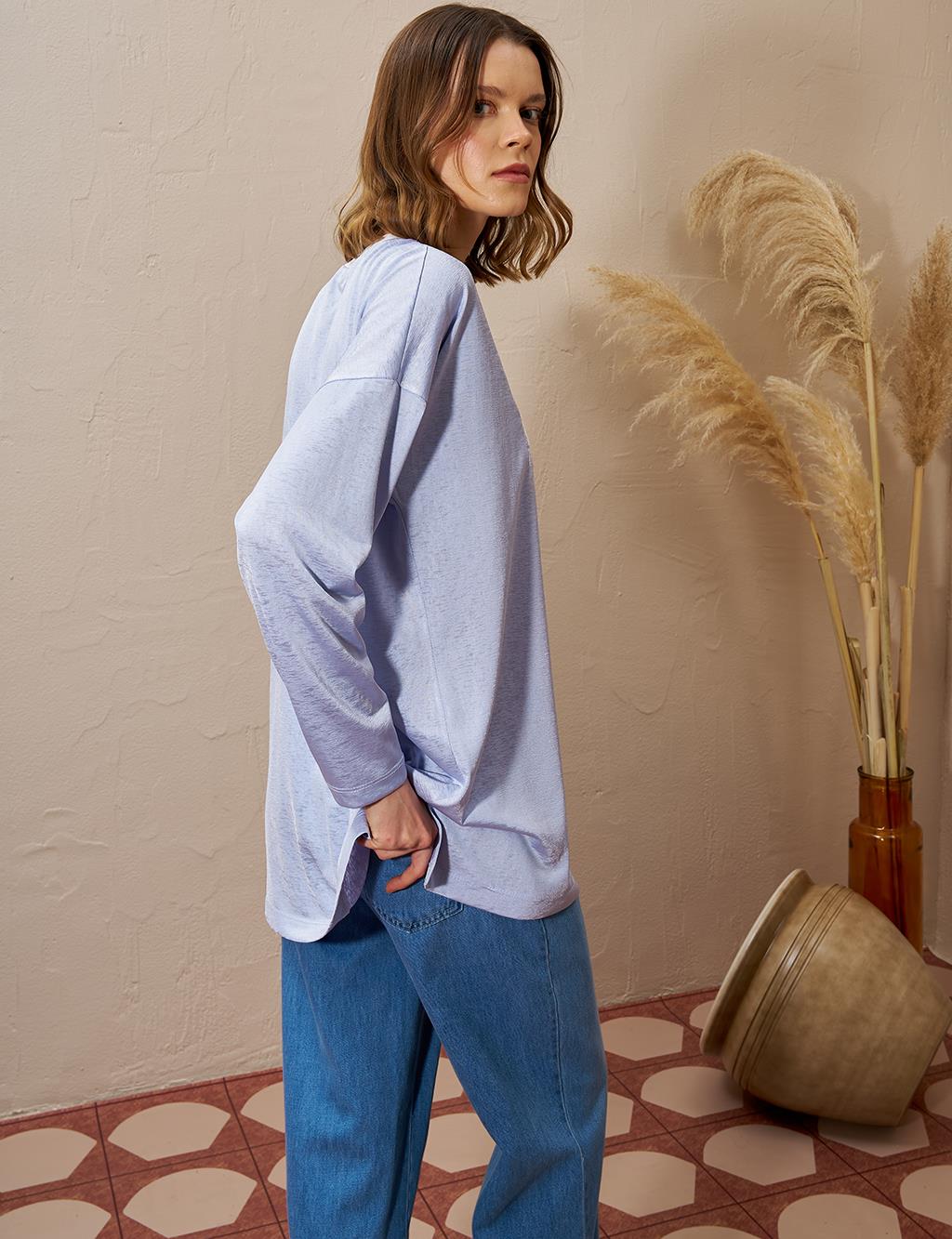 Slogan Detaylı Örme Sweatshirt Mavi