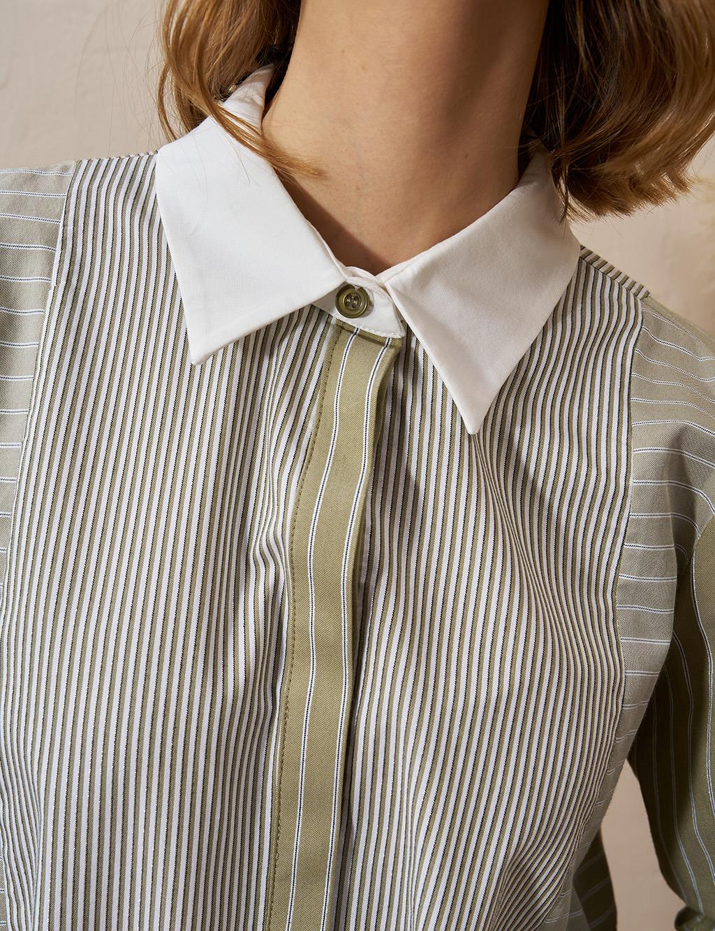 Striped Pattern Shirt Collar Tunic in Khaki