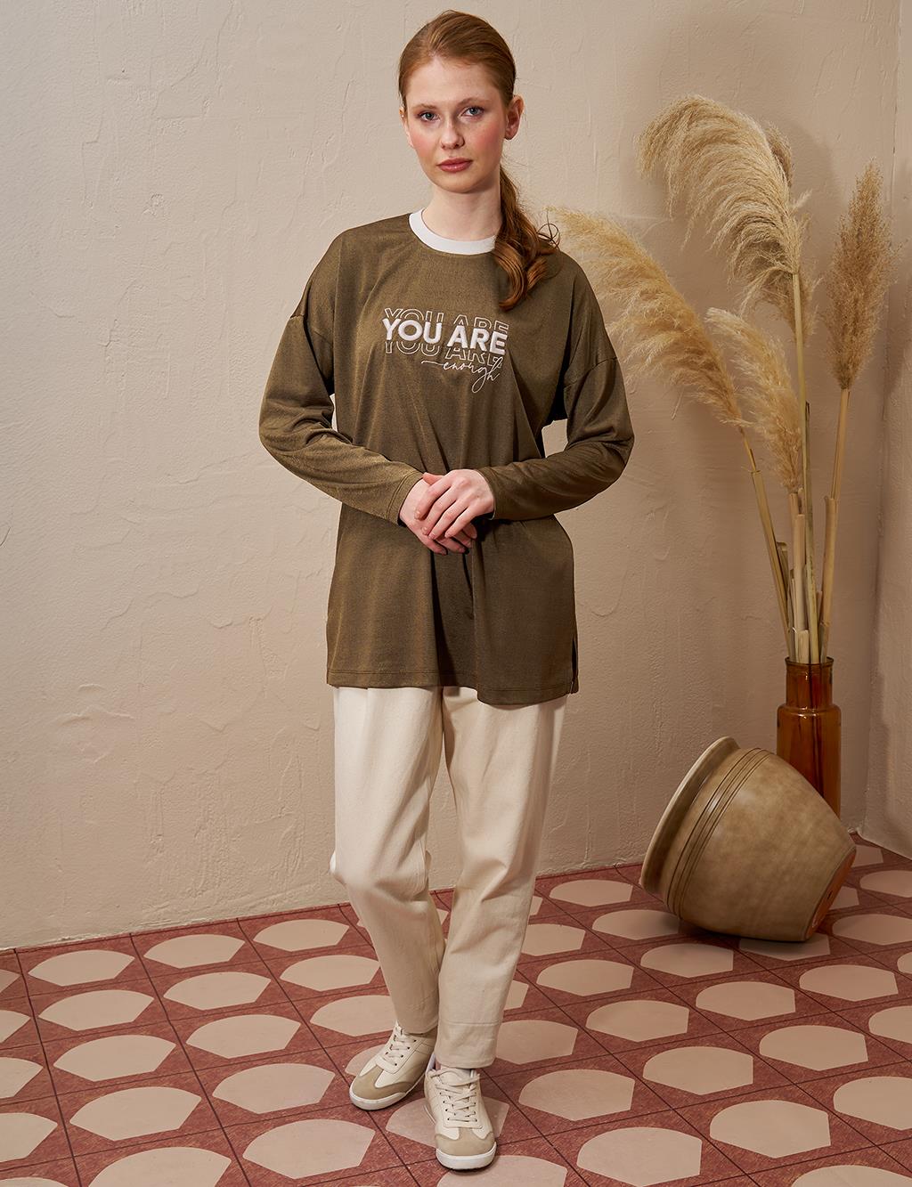 Slogan Detailed Knitted Sweatshirt Green