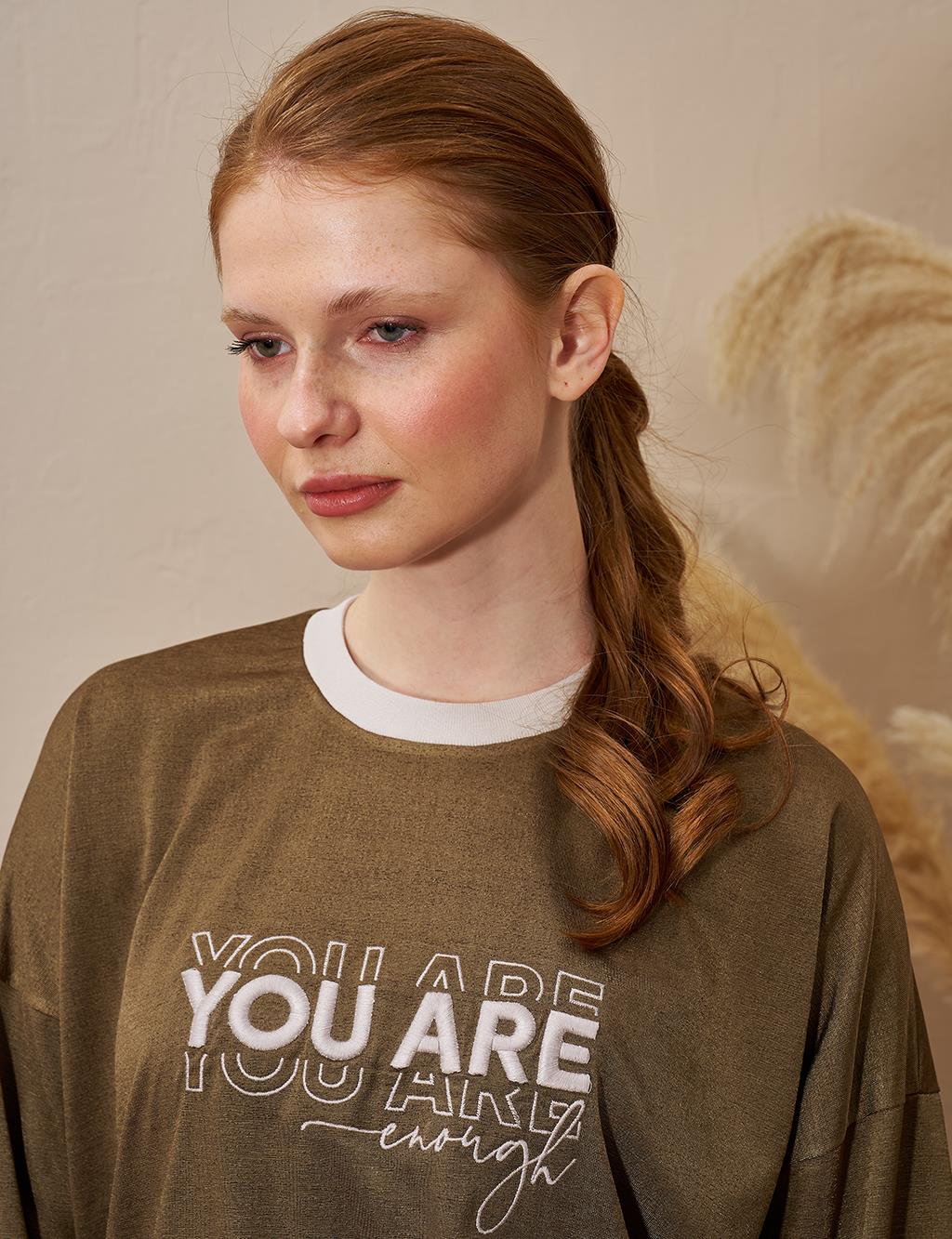 Slogan Detailed Knitted Sweatshirt Green