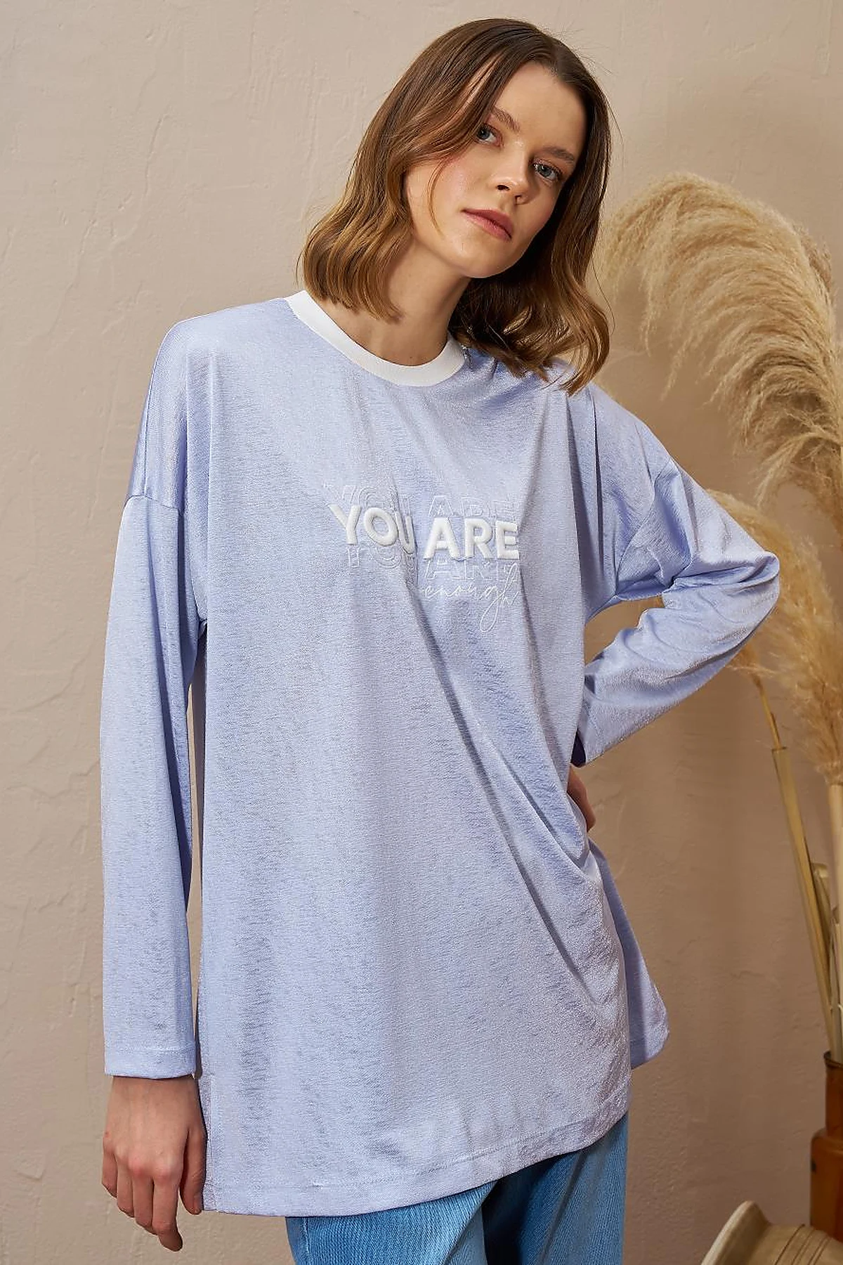Slogan Detailed Knitted Sweatshirt Blue