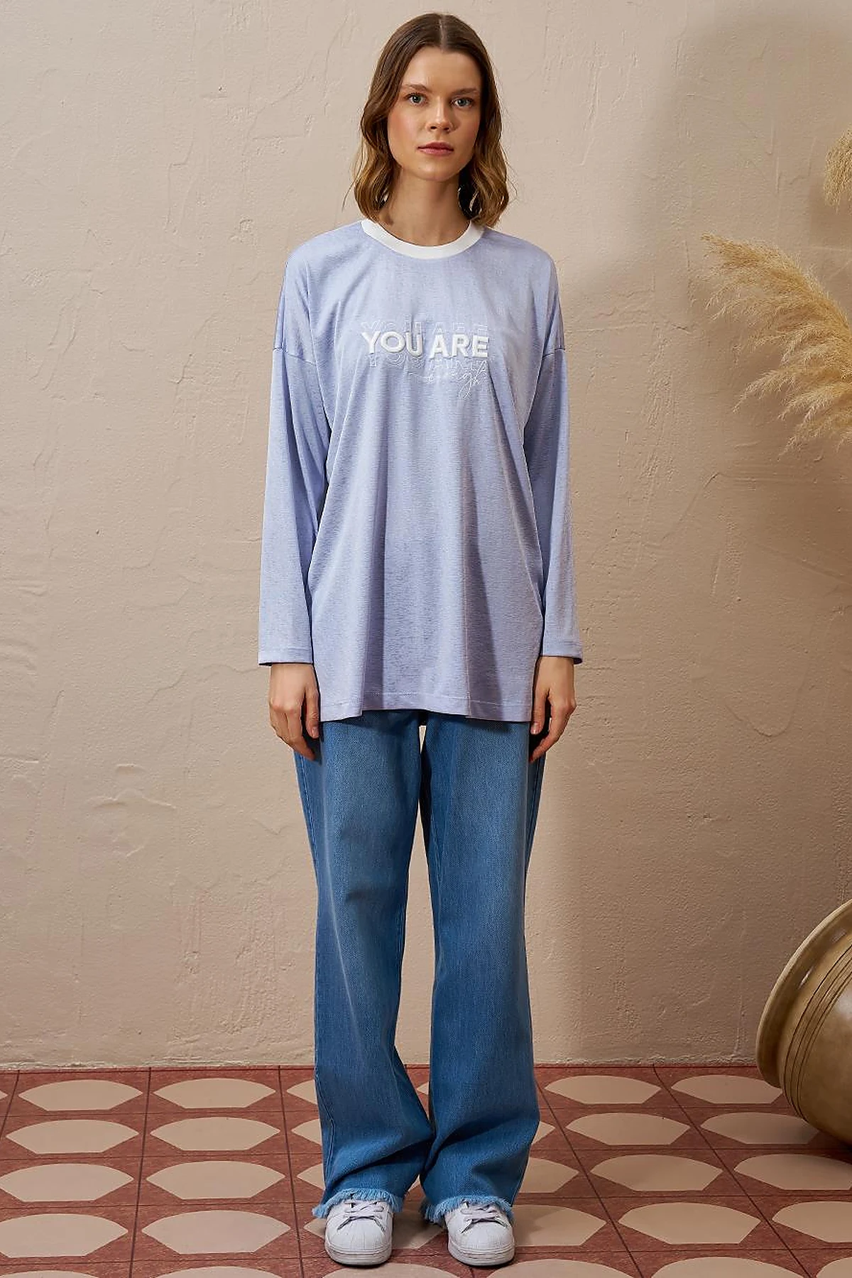 Slogan Detailed Knitted Sweatshirt Blue