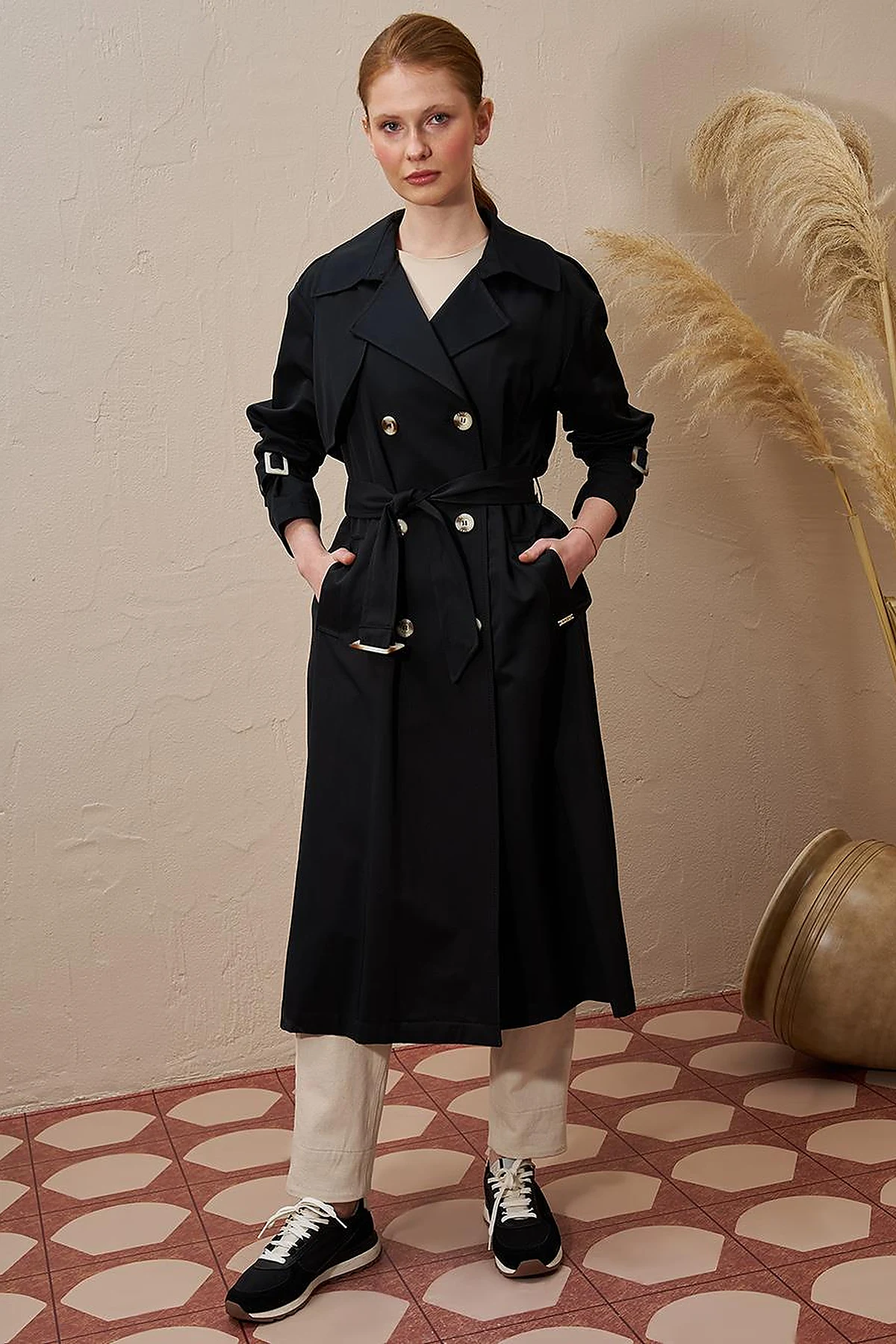Buckle Detailed Men's Collar Trench Coat Black