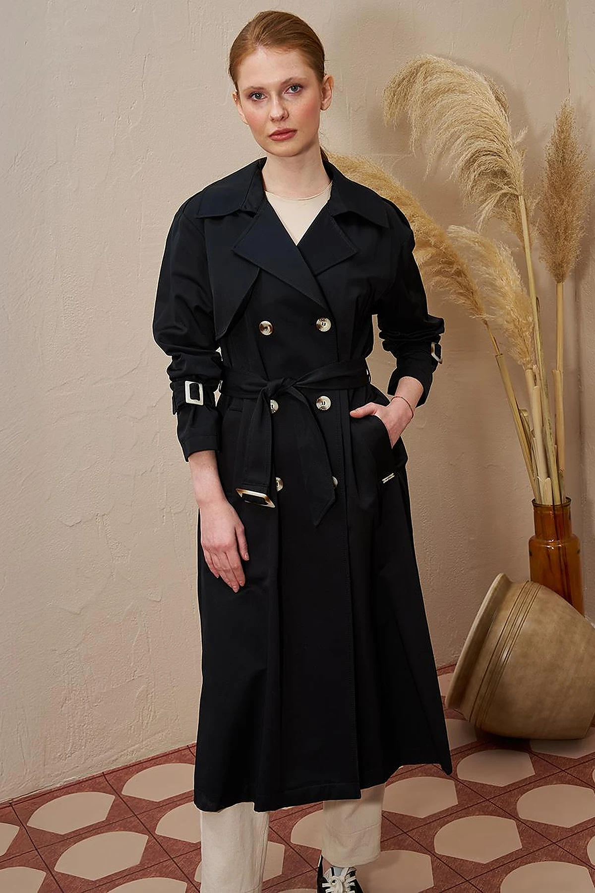 Buckle Detailed Men's Collar Trench Coat Black