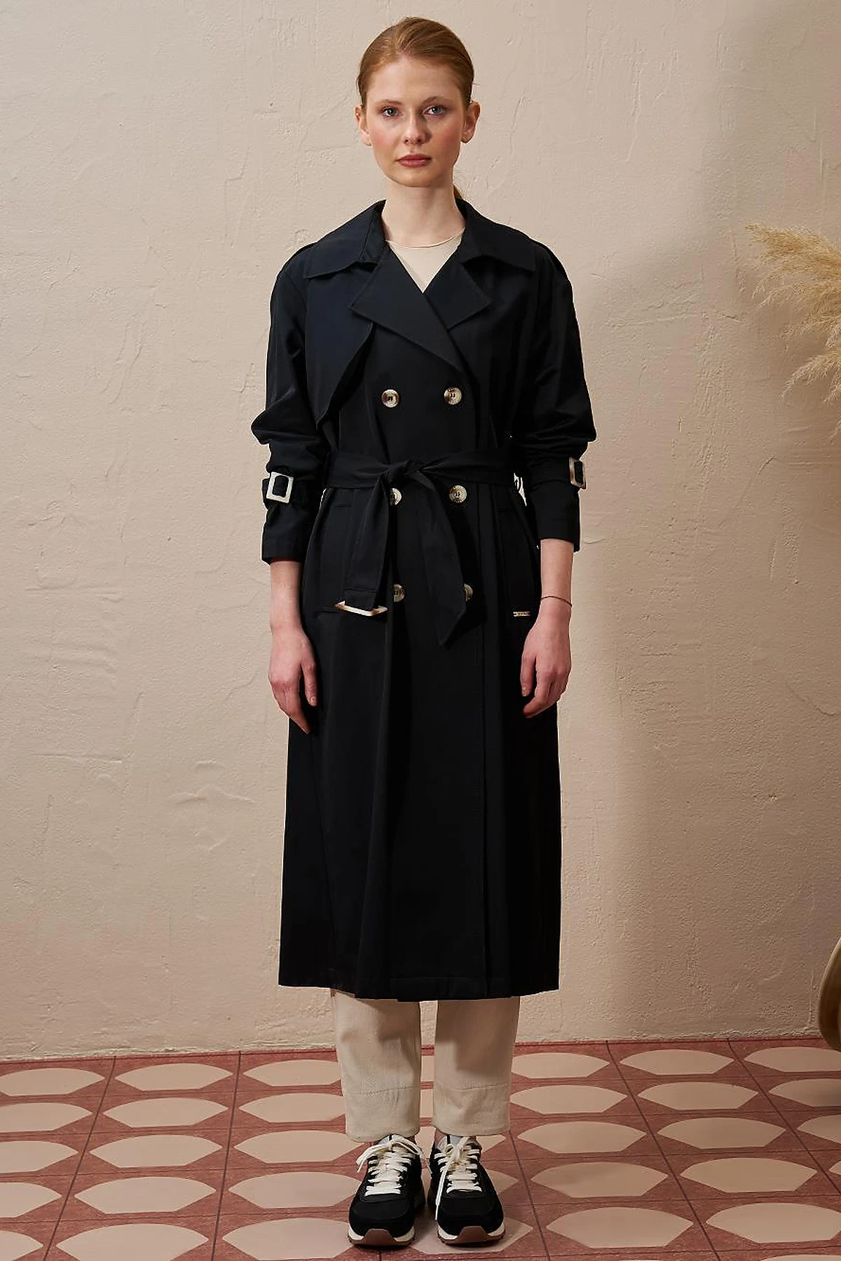 Buckle Detailed Men's Collar Trench Coat Black