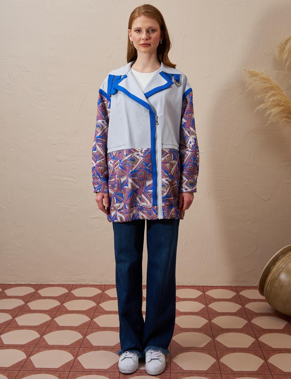  Jacquard Trimmed Denim Jacket Blue