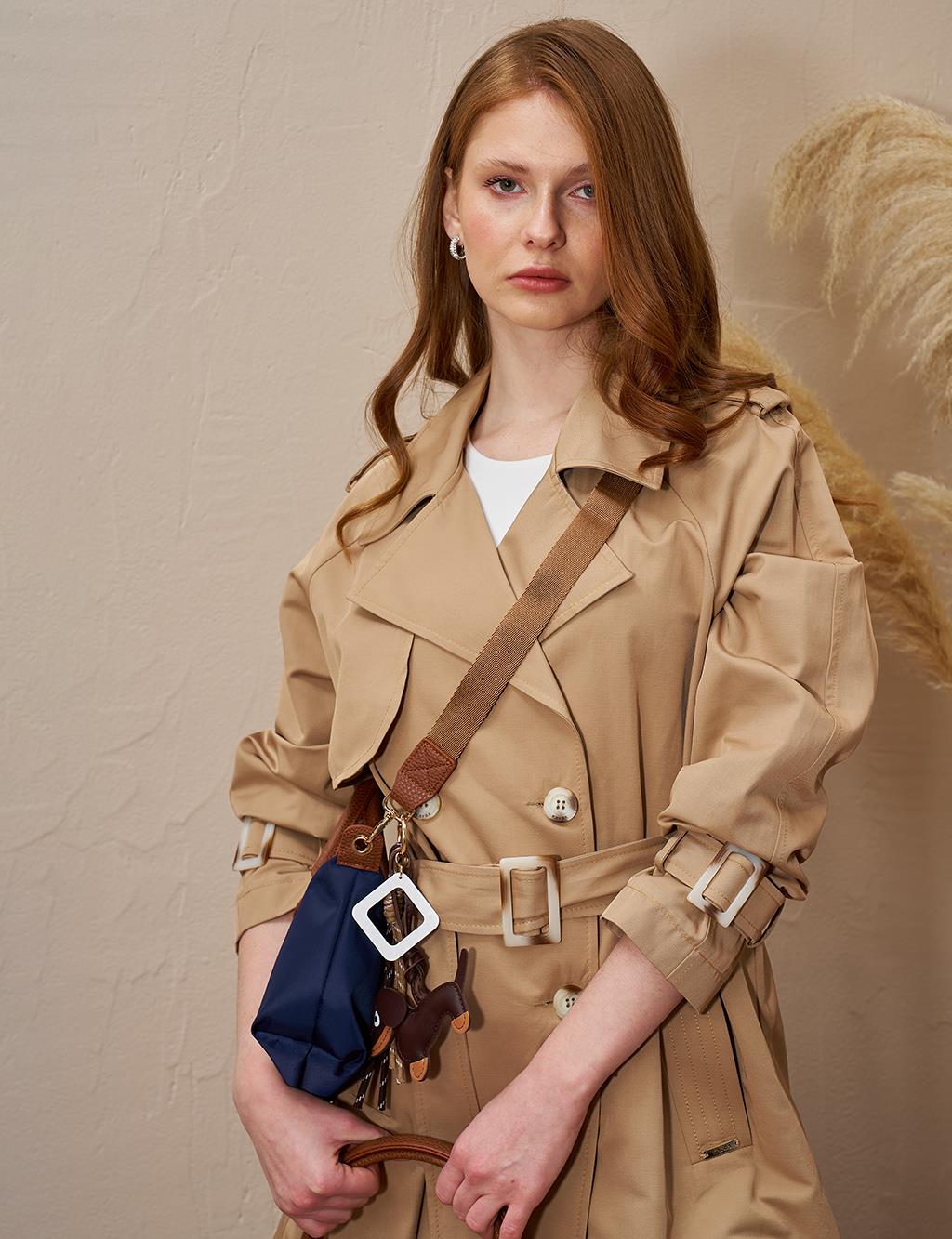 Epaulette Detailed Double Breasted Trench Coat Beige