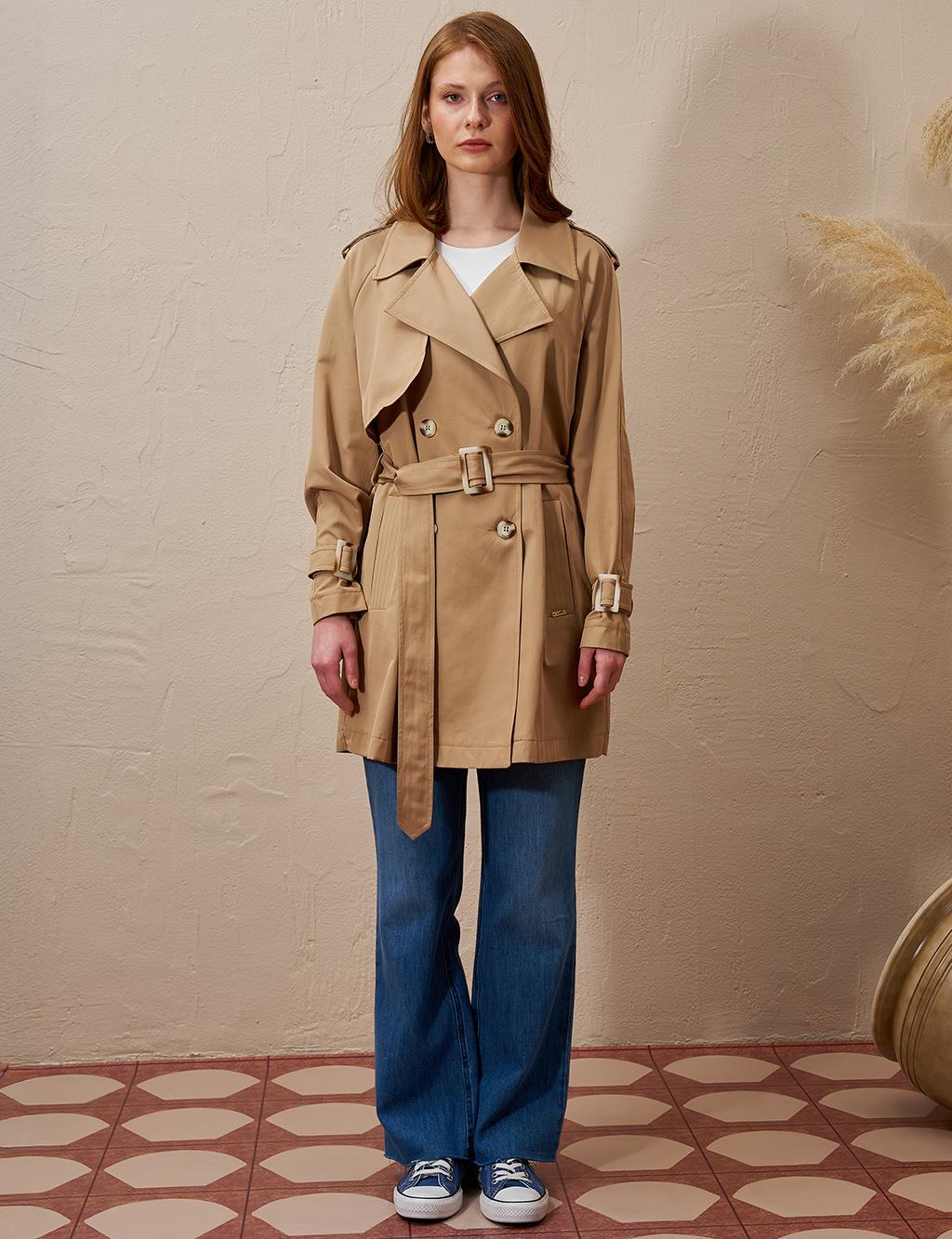 Epaulette Detailed Double Breasted Trench Coat Beige