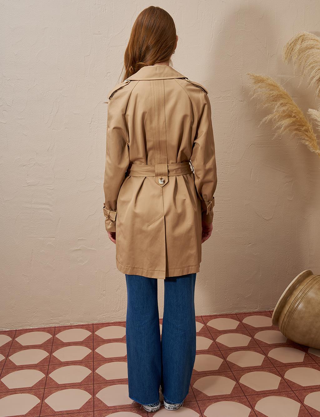 Epaulette Detailed Double Breasted Trench Coat Beige